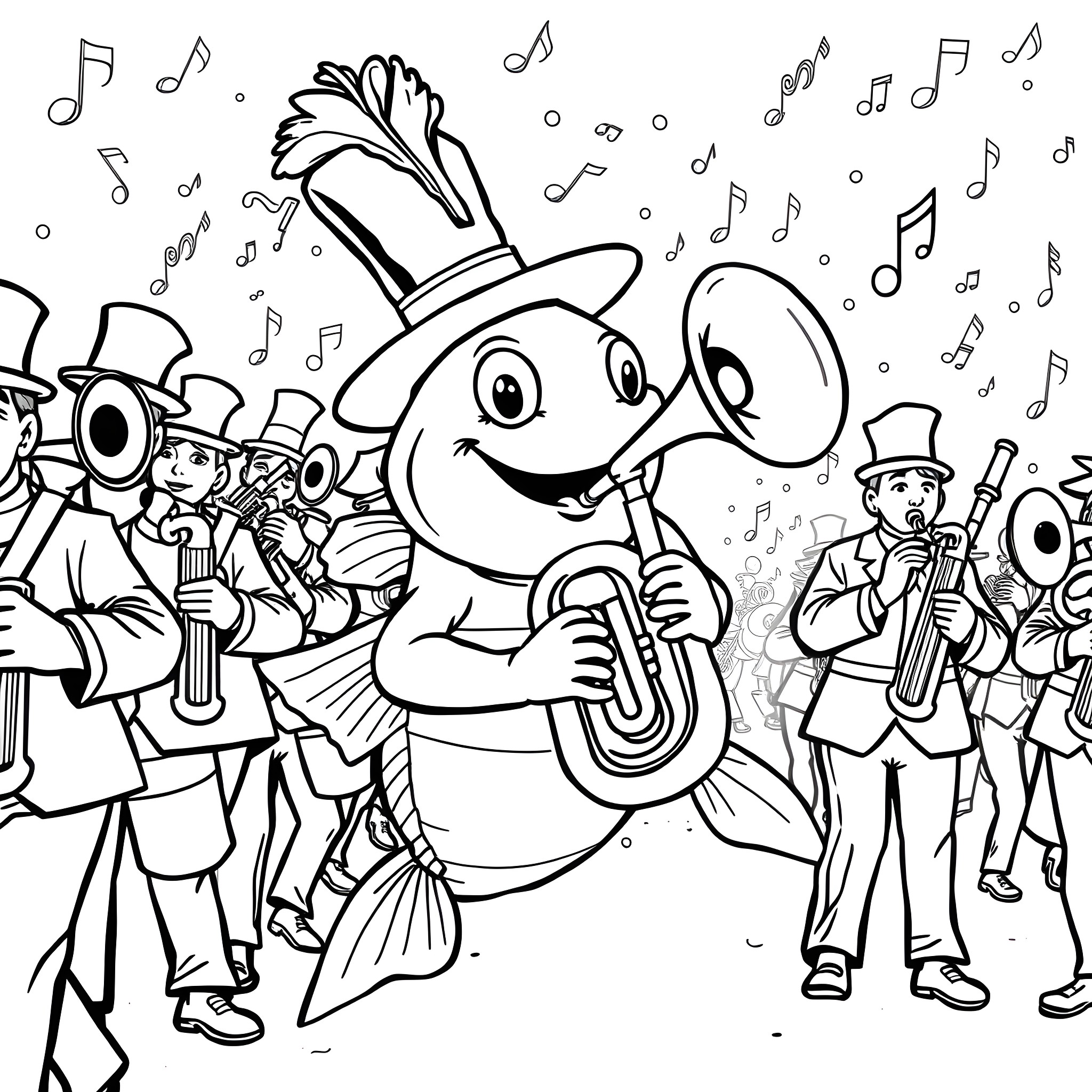 Catfish playing happily with a marching band Coloring Page (free black-and-white line drawing printable PDF for all, from beginners to advanced learners, including children, teens, adults, and seniors)