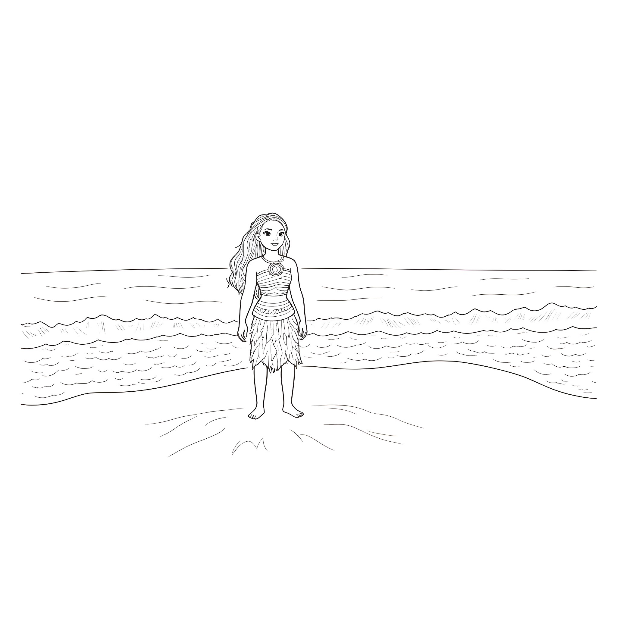 Moana standing on the beach with a determined expression Coloring Page (free black-and-white line drawing printable PDF for all, from beginners to advanced learners, including children, teens, adults, and seniors)