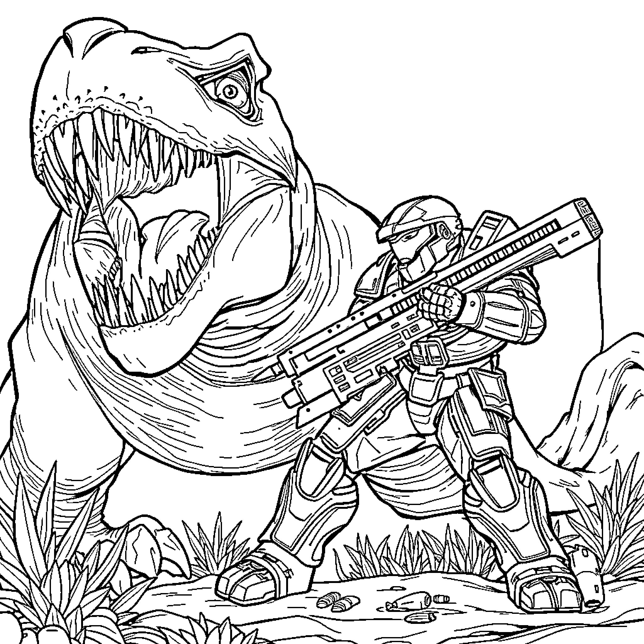 Master Chief battles a fierce prehistoric creature Coloring Page (free black-and-white line drawing printable PDF for all, from beginners to advanced learners, including children, teens, adults, and seniors)