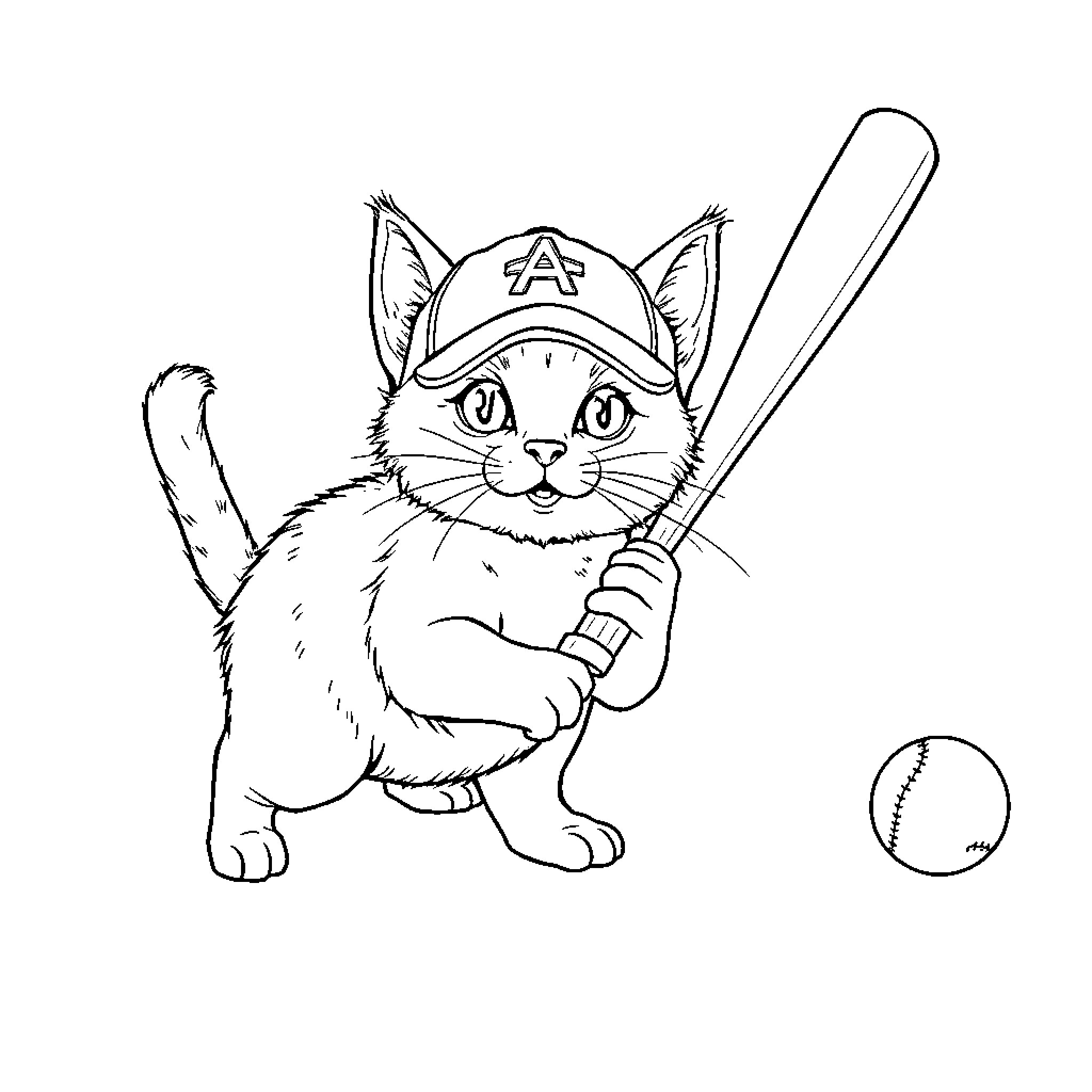 Baseball Cat playing with bat and ball Coloring Page (free black-and-white line drawing printable PDF for all, from beginners to advanced learners, including children, teens, adults, and seniors)
