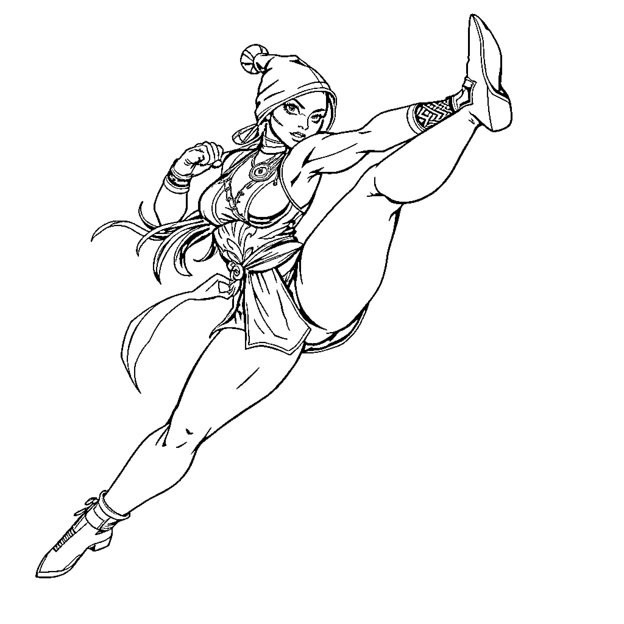 Kitana performing acrobatic martial arts moves Coloring Page (free black-and-white line drawing printable PDF for all, from beginners to advanced learners, including children, teens, adults, and seniors)