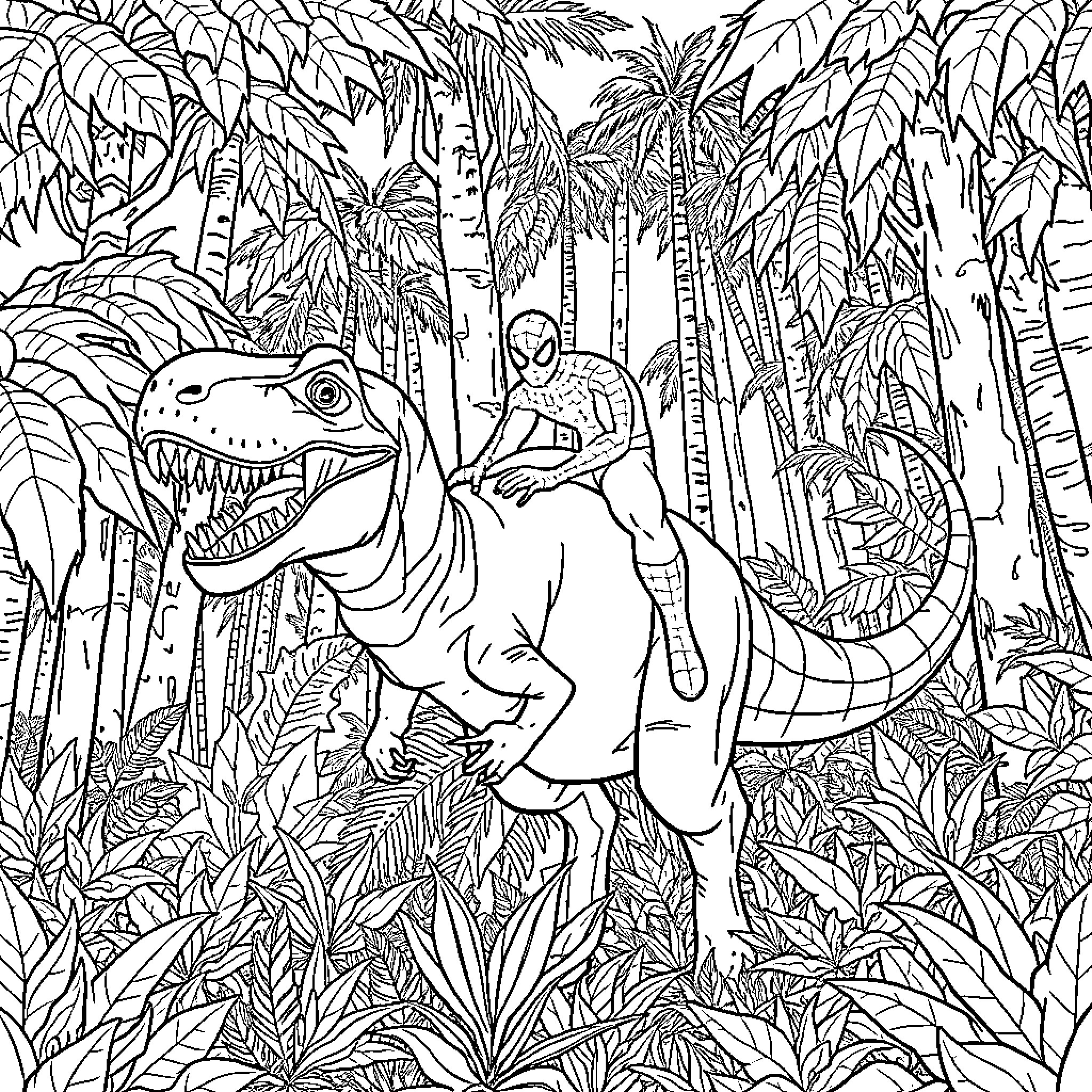 Spiderman encounters a giant dinosaur in the jungle Coloring Page (free black-and-white line drawing printable PDF for all, from beginners to advanced learners, including children, teens, adults, and seniors)