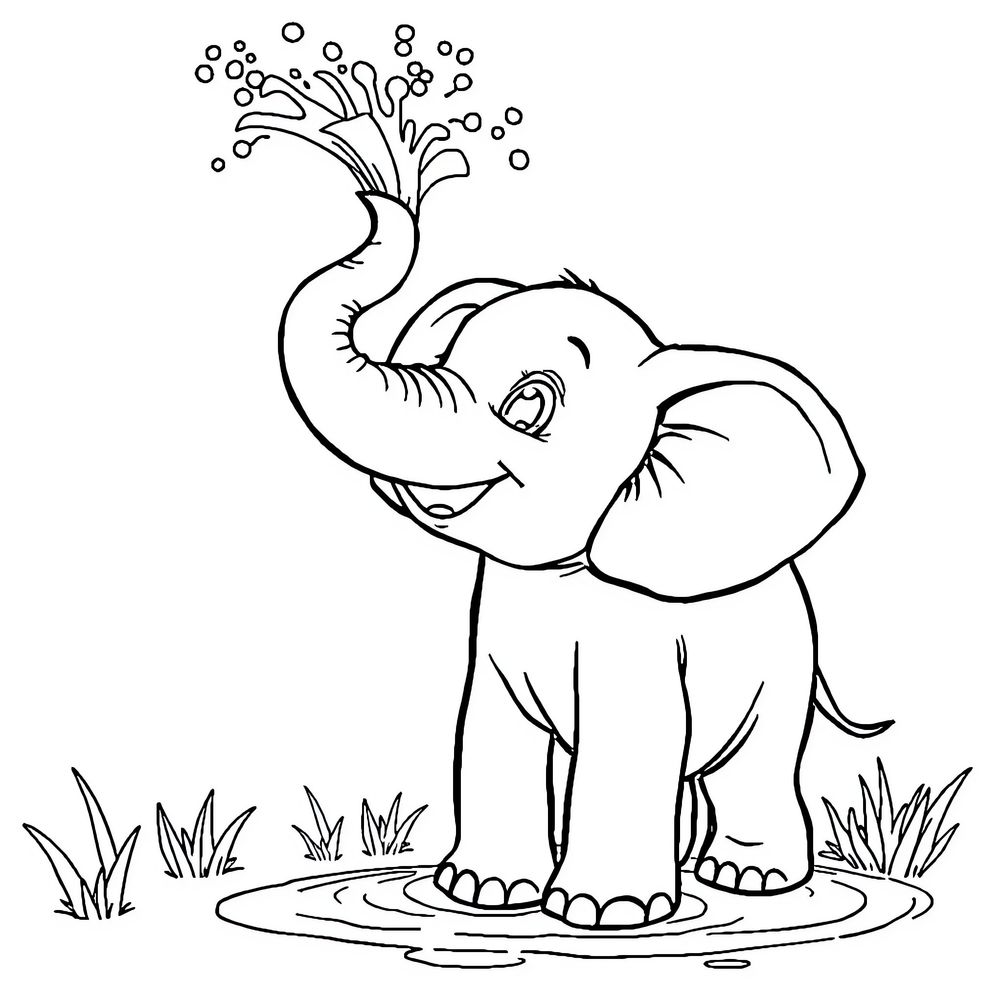 Elephant playing joyfully in the water Coloring Page (free black-and-white line drawing printable PDF for all, from beginners to advanced learners, including children, teens, adults, and seniors)