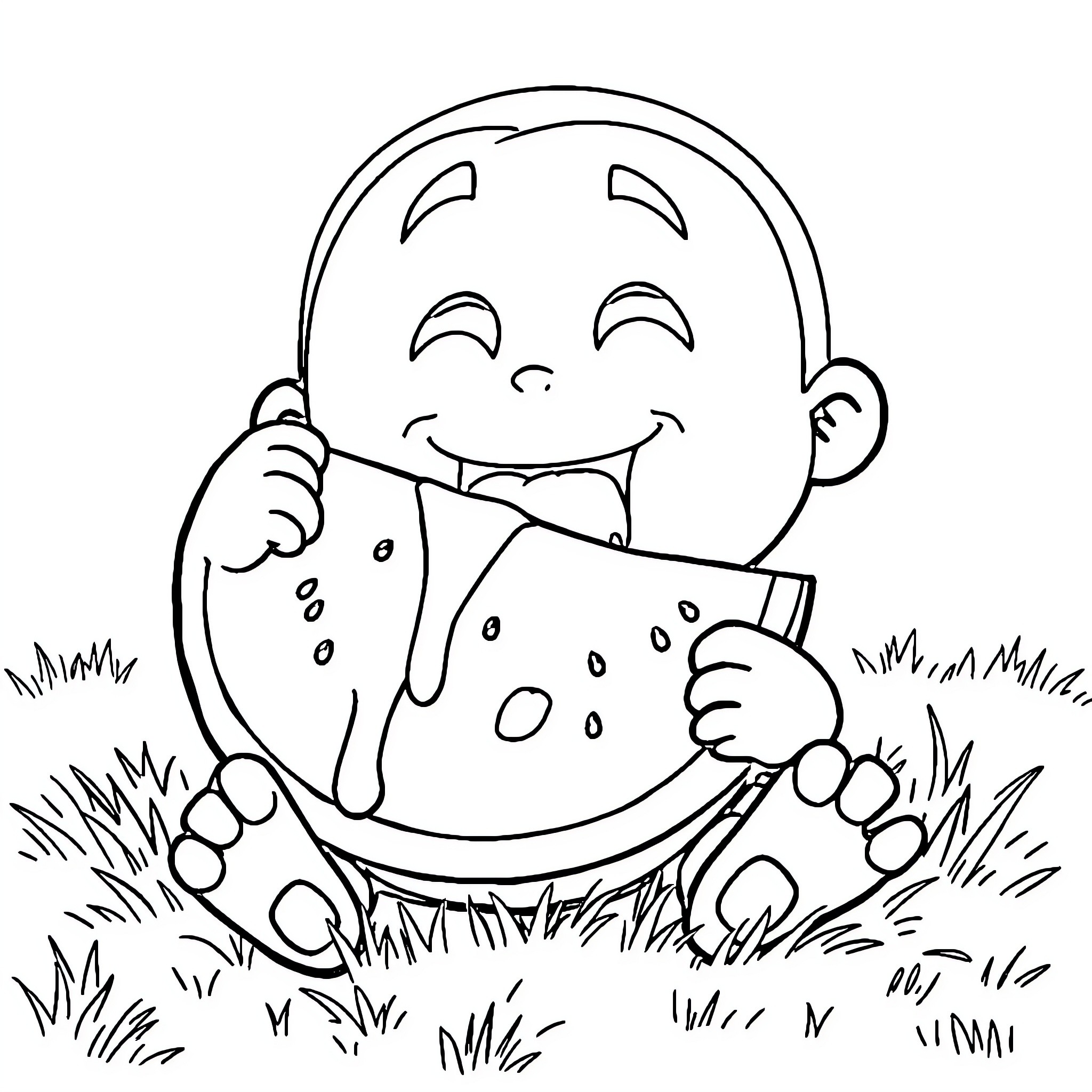 Shin Chan happily playing with watermelon in the grass Coloring Page (free black-and-white line drawing printable PDF for all, from beginners to advanced learners, including children, teens, adults, and seniors)