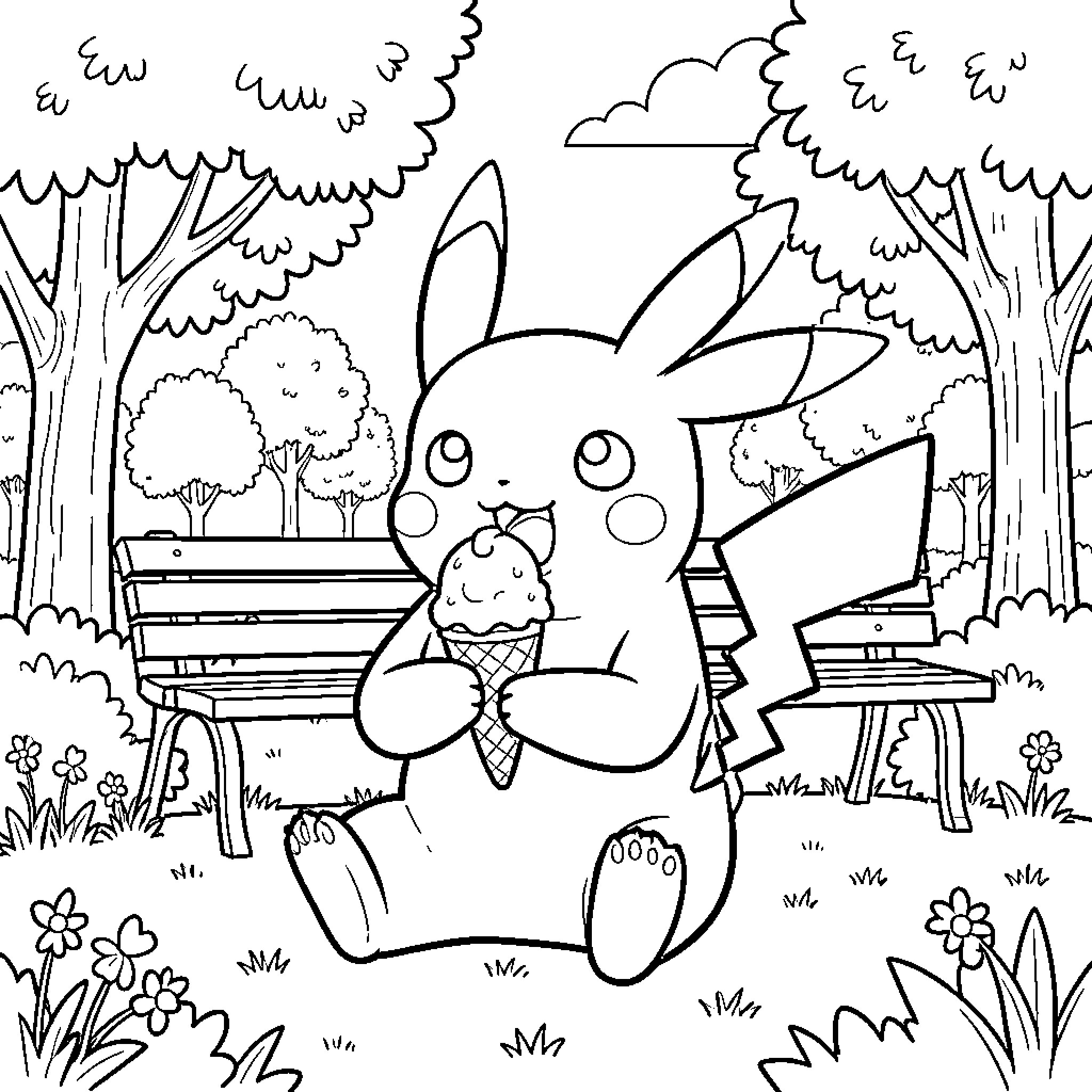 Pikachu happily eating an ice cream cone in a park Coloring Page (free black-and-white line drawing printable PDF for all, from beginners to advanced learners, including children, teens, adults, and seniors)