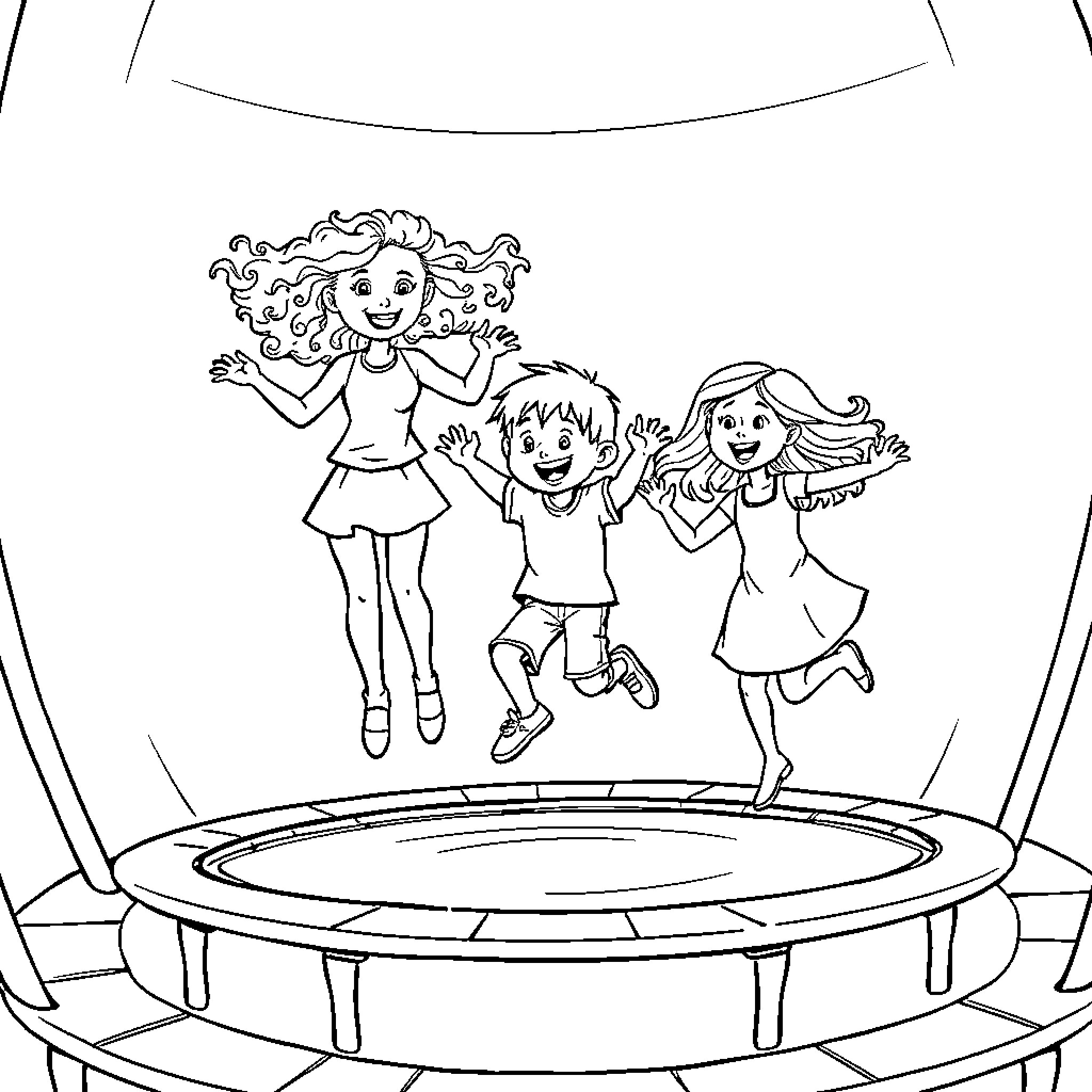 Kids having fun together on a trampoline Coloring Page (free black-and-white line drawing printable PDF for all, from beginners to advanced learners, including children, teens, adults, and seniors)
