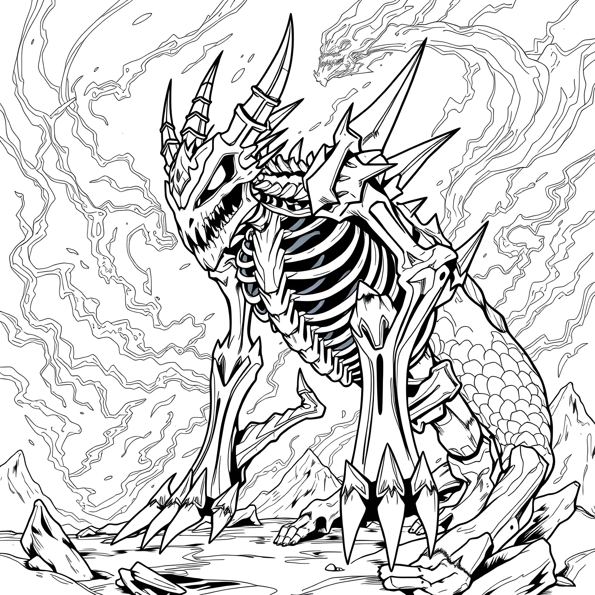 Skullgreymon's Rampaging Destruction Coloring Page (free black-and-white line drawing printable PDF for all, from beginners to advanced learners, including children, teens, adults, and seniors)