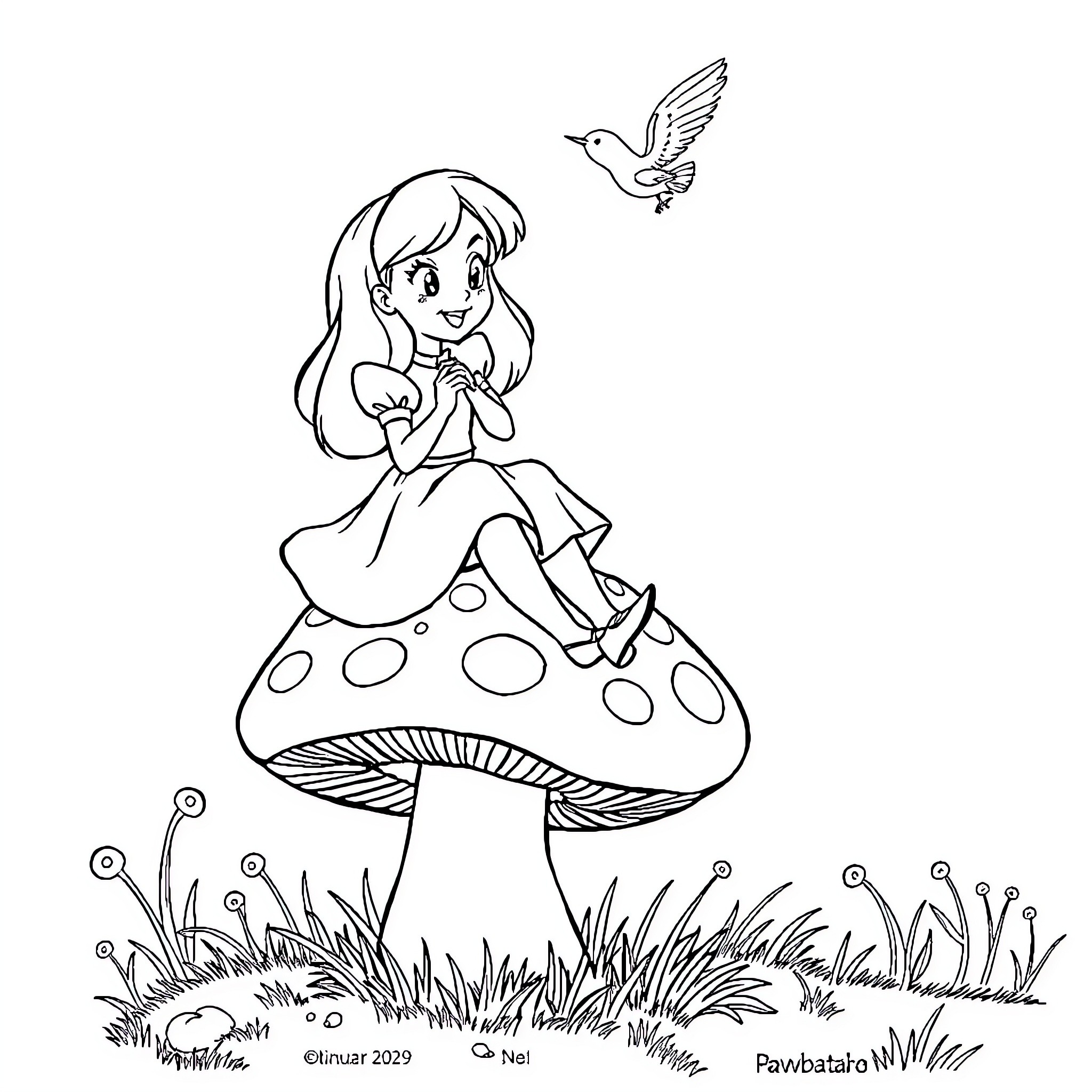 Dinah's Magical Mushroom Adventure Coloring Page (free black-and-white line drawing printable PDF for all, from beginners to advanced learners, including children, teens, adults, and seniors)