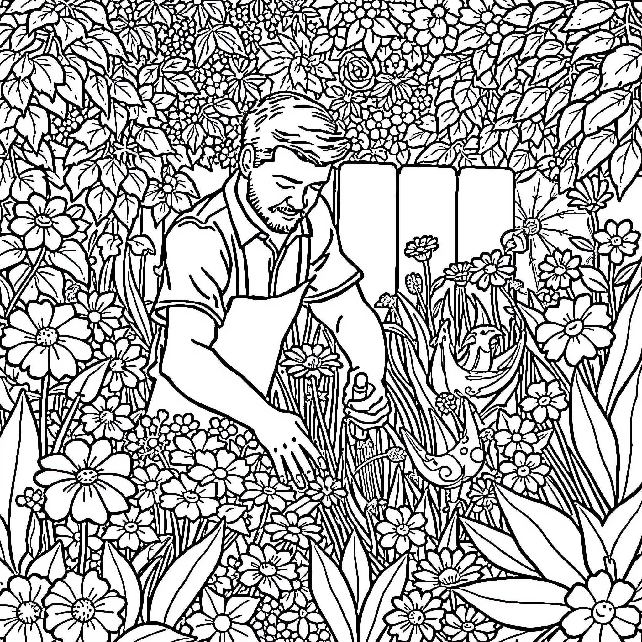 JRoss gardening amidst vibrant floral garden Coloring Page (free black-and-white line drawing printable PDF for all, from beginners to advanced learners, including children, teens, adults, and seniors)