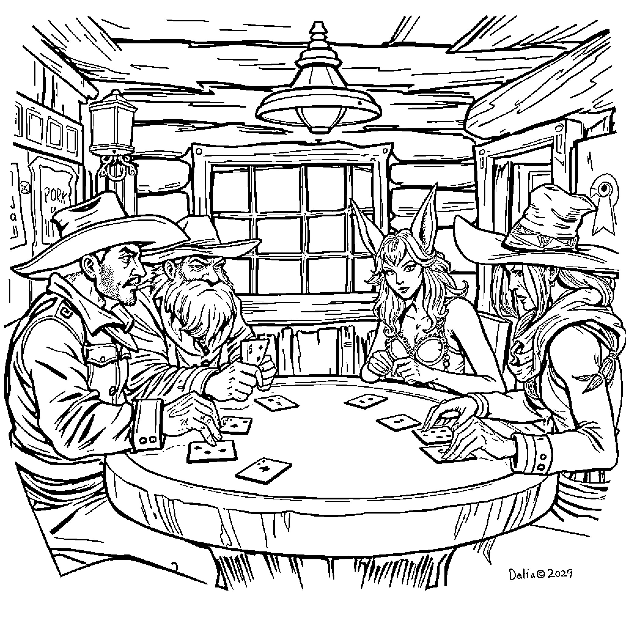 Poker night with cowboys and showgirls in a saloon Coloring Page (free black-and-white line drawing printable PDF for all, from beginners to advanced learners, including children, teens, adults, and seniors)