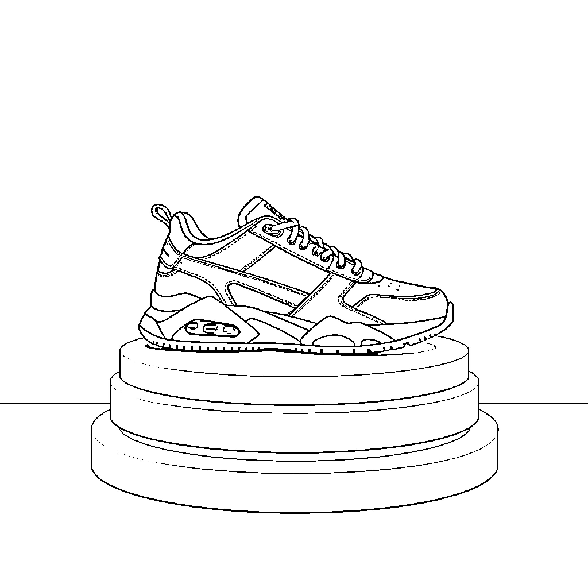 Sneaker displayed on a podium Coloring Page (free black-and-white line drawing printable PDF for all, from beginners to advanced learners, including children, teens, adults, and seniors)