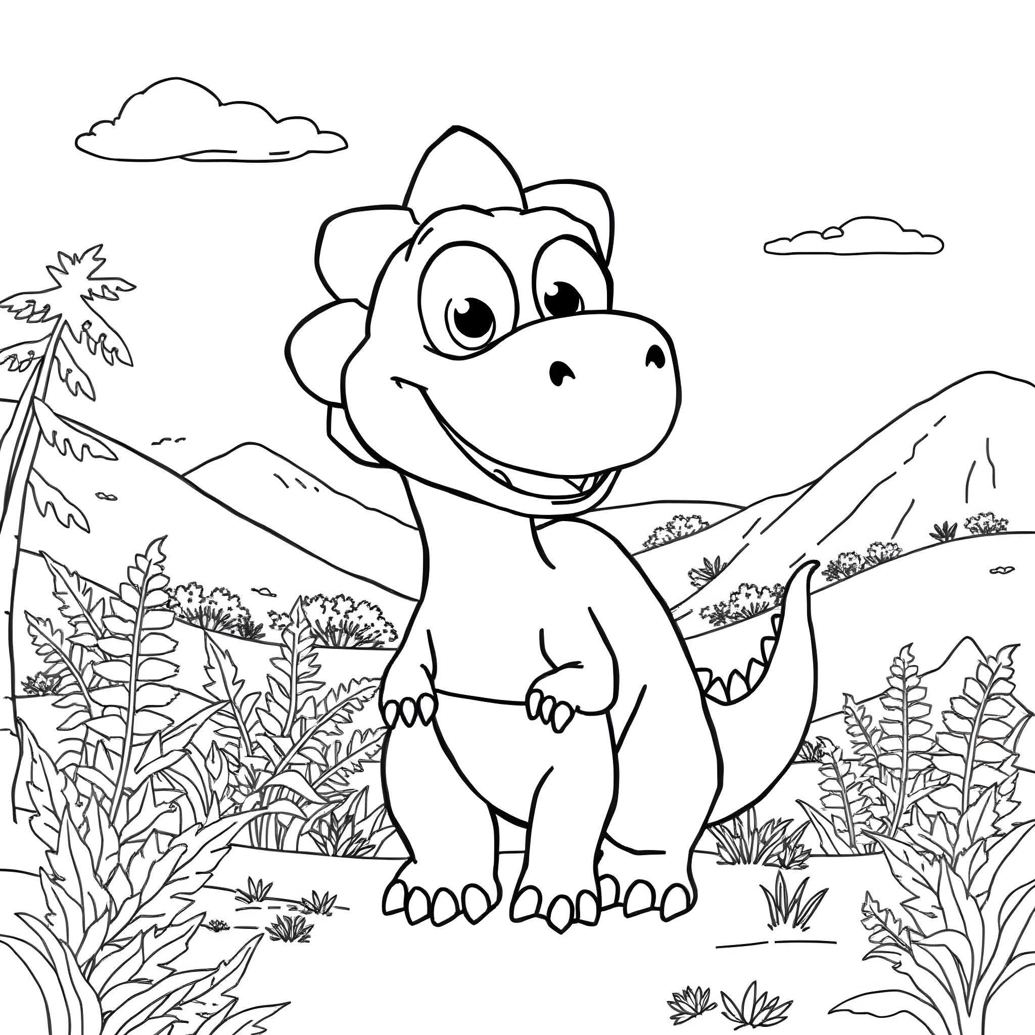 Dinosaur enjoying nature in the wilderness Coloring Page (free black-and-white line drawing printable PDF for all, from beginners to advanced learners, including children, teens, adults, and seniors)