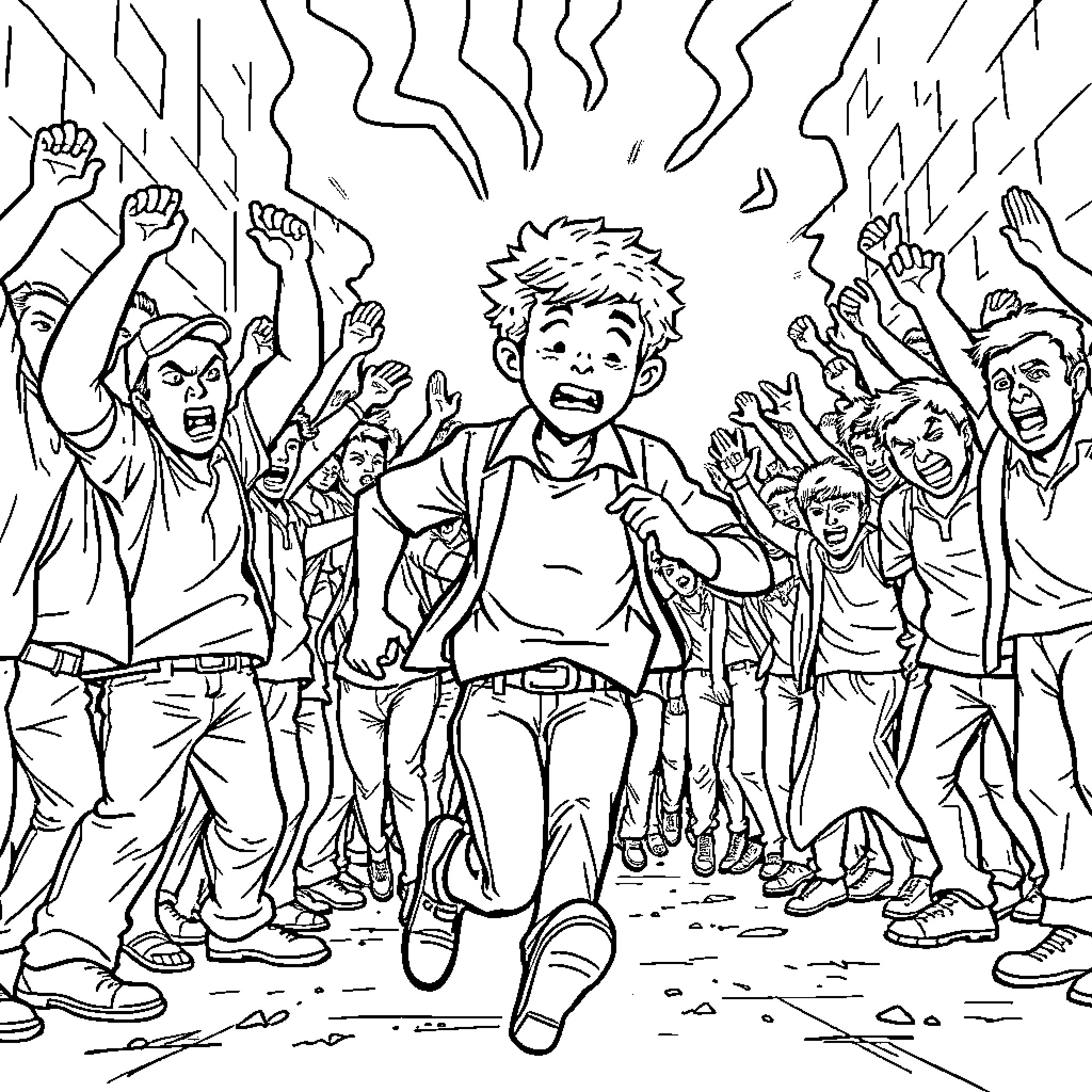 Man caught in a chaotic protest scene Coloring Page (free black-and-white line drawing printable PDF for all, from beginners to advanced learners, including children, teens, adults, and seniors)