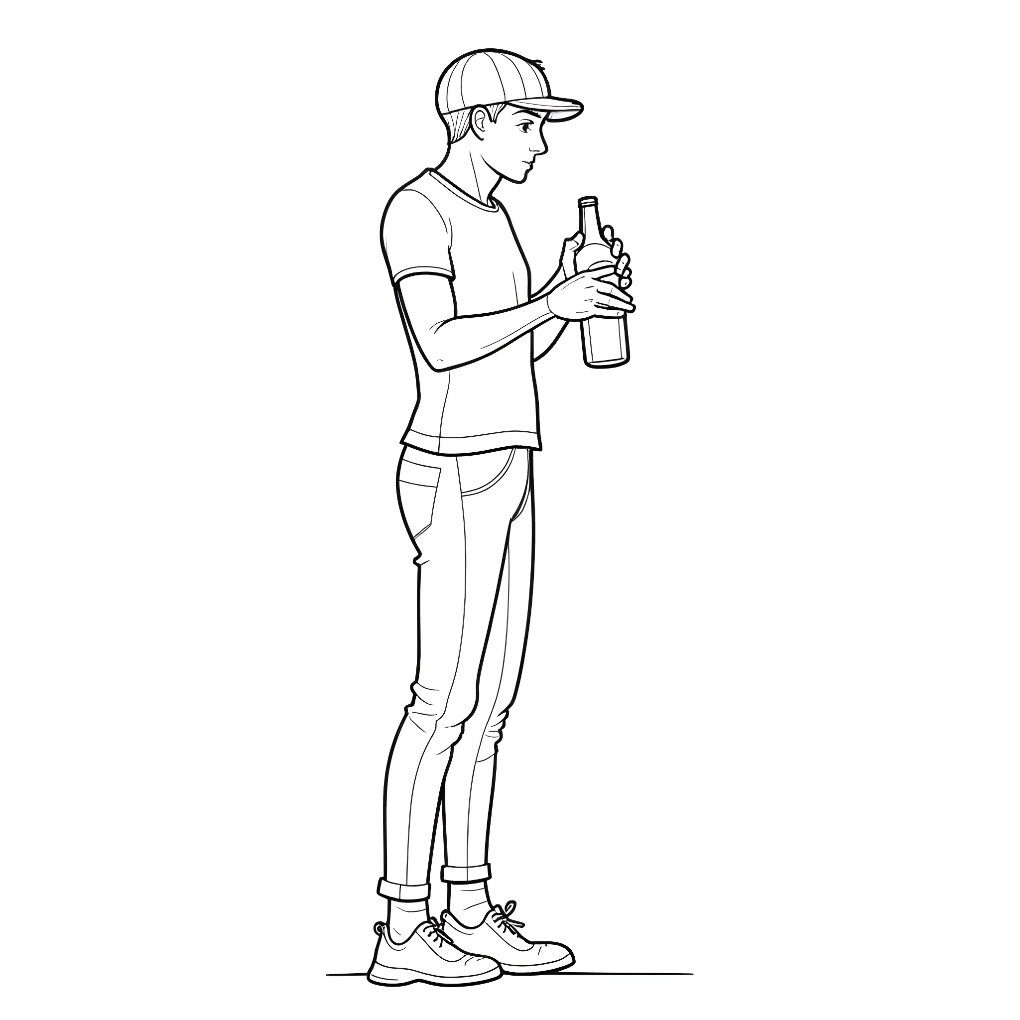 Person holding a bottle while wearing a cap Coloring Page (free black-and-white line drawing printable PDF for all, from beginners to advanced learners, including children, teens, adults, and seniors)