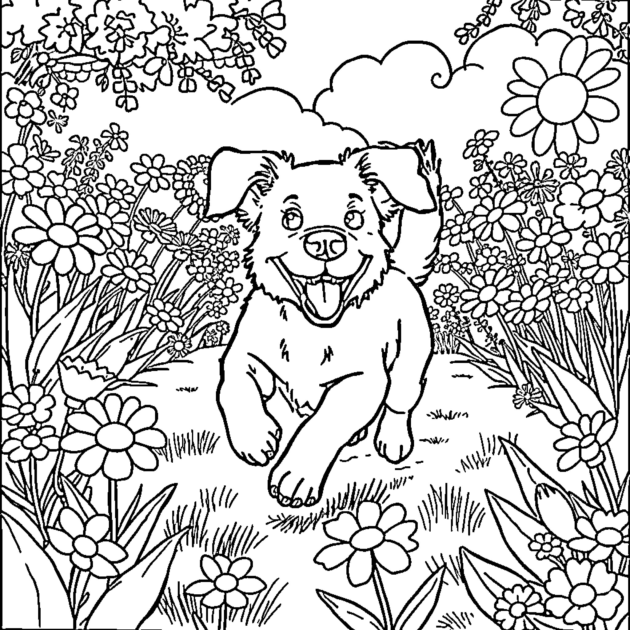 Dog surrounded by flowers in a garden Coloring Page (free black-and-white line drawing printable PDF for all, from beginners to advanced learners, including children, teens, adults, and seniors)
