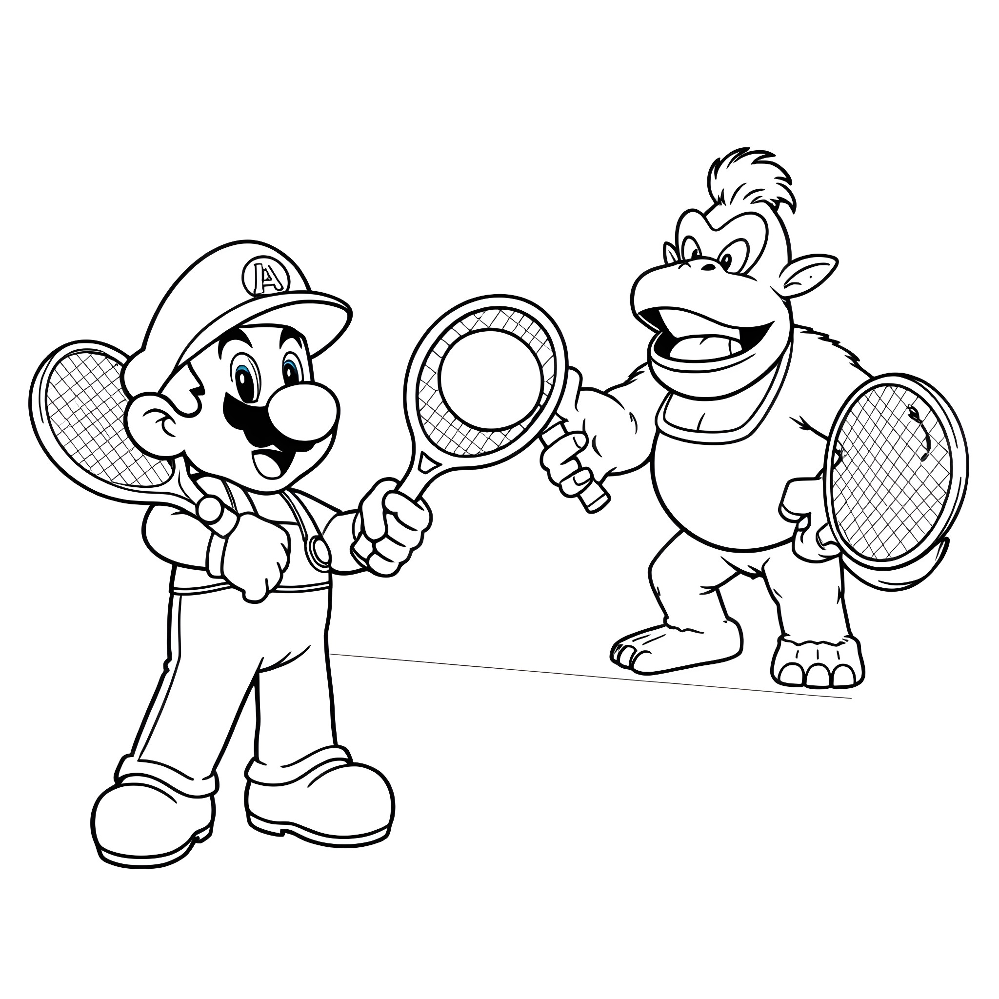 Mario and Donkey Kong playing tennis Coloring Page (free black-and-white line drawing printable PDF for all, from beginners to advanced learners, including children, teens, adults, and seniors)