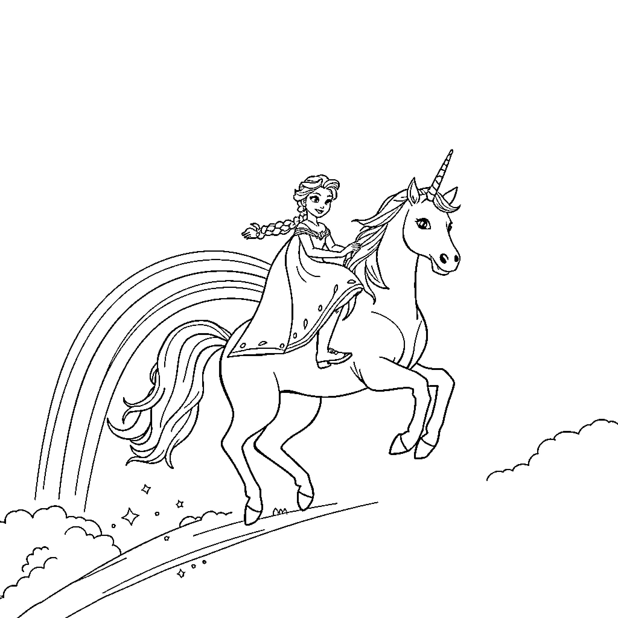 Princess riding a magical unicorn against a rainbow Coloring Page (free black-and-white line drawing printable PDF for all, from beginners to advanced learners, including children, teens, adults, and seniors)