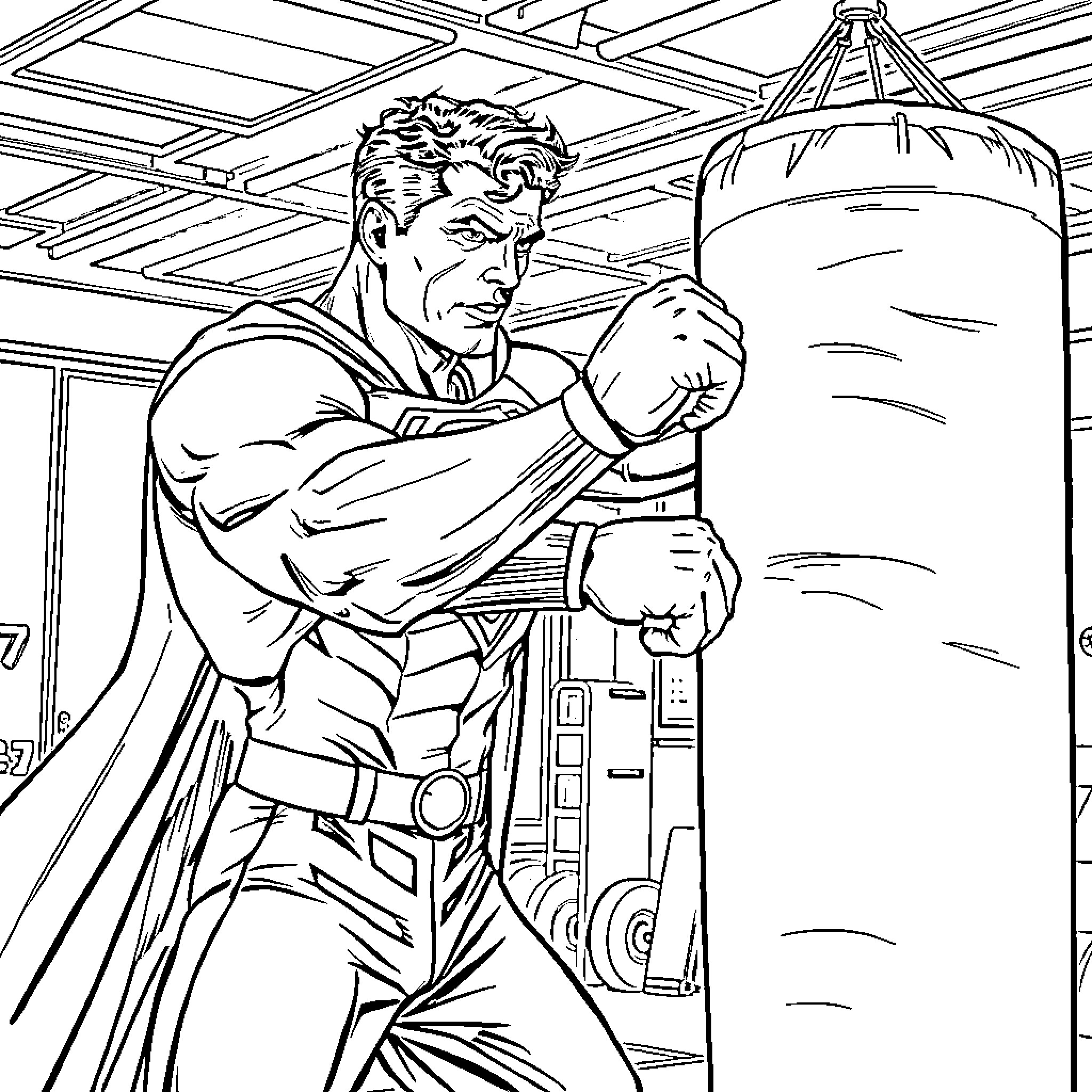 Superman training in a boxing gym Coloring Page (free black-and-white line drawing printable PDF for all, from beginners to advanced learners, including children, teens, adults, and seniors)