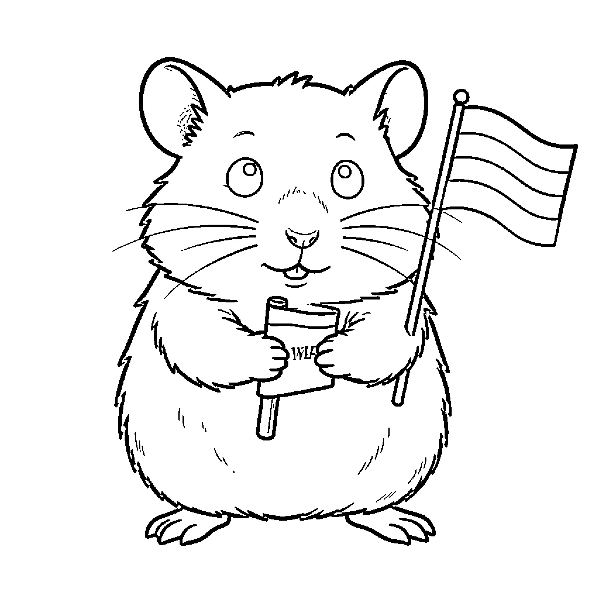 Hamster holding a flag and a small scroll Coloring Page (free black-and-white line drawing printable PDF for all, from beginners to advanced learners, including children, teens, adults, and seniors)