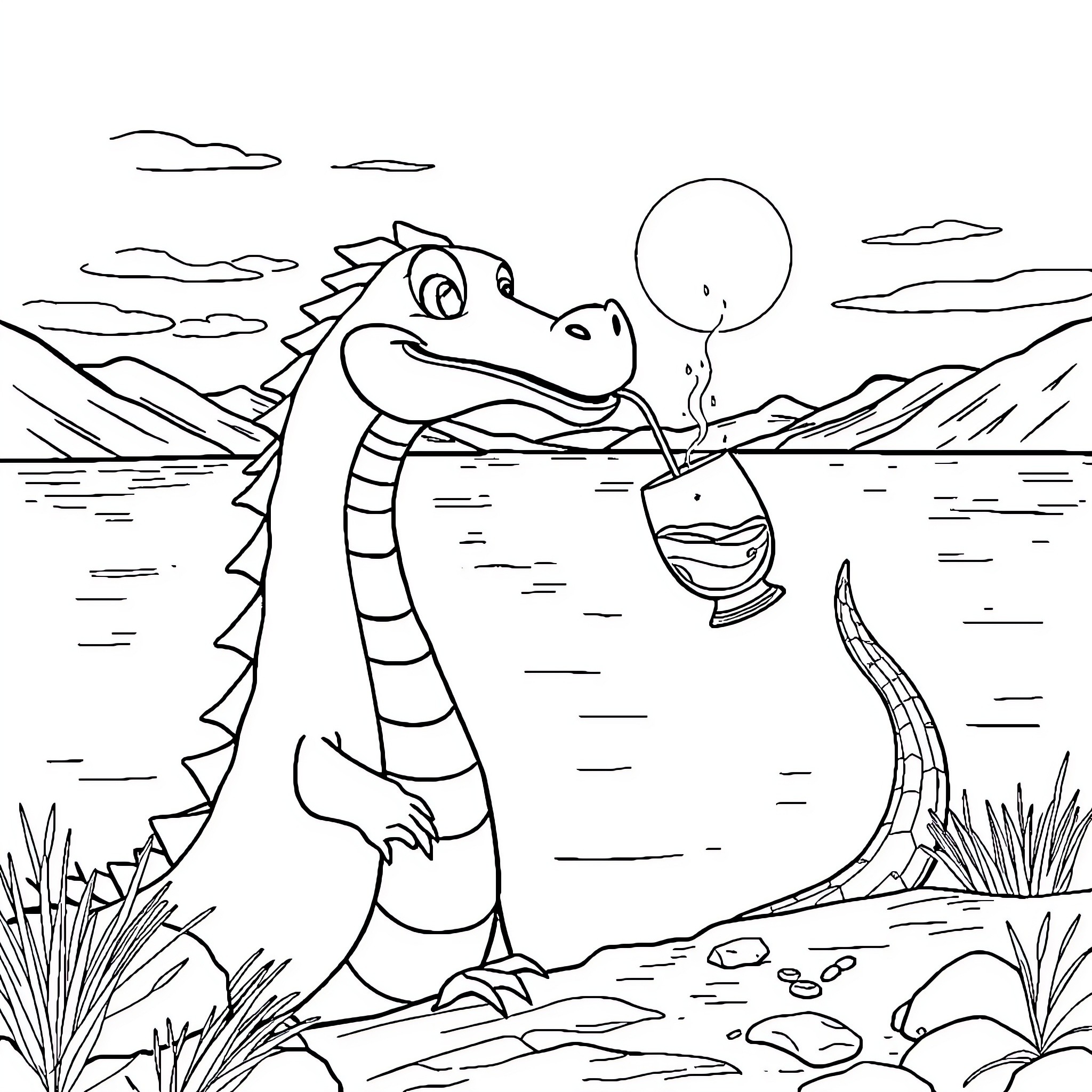 Loch Ness Monster exploring the mysterious lake Coloring Page (free black-and-white line drawing printable PDF for all, from beginners to advanced learners, including children, teens, adults, and seniors)