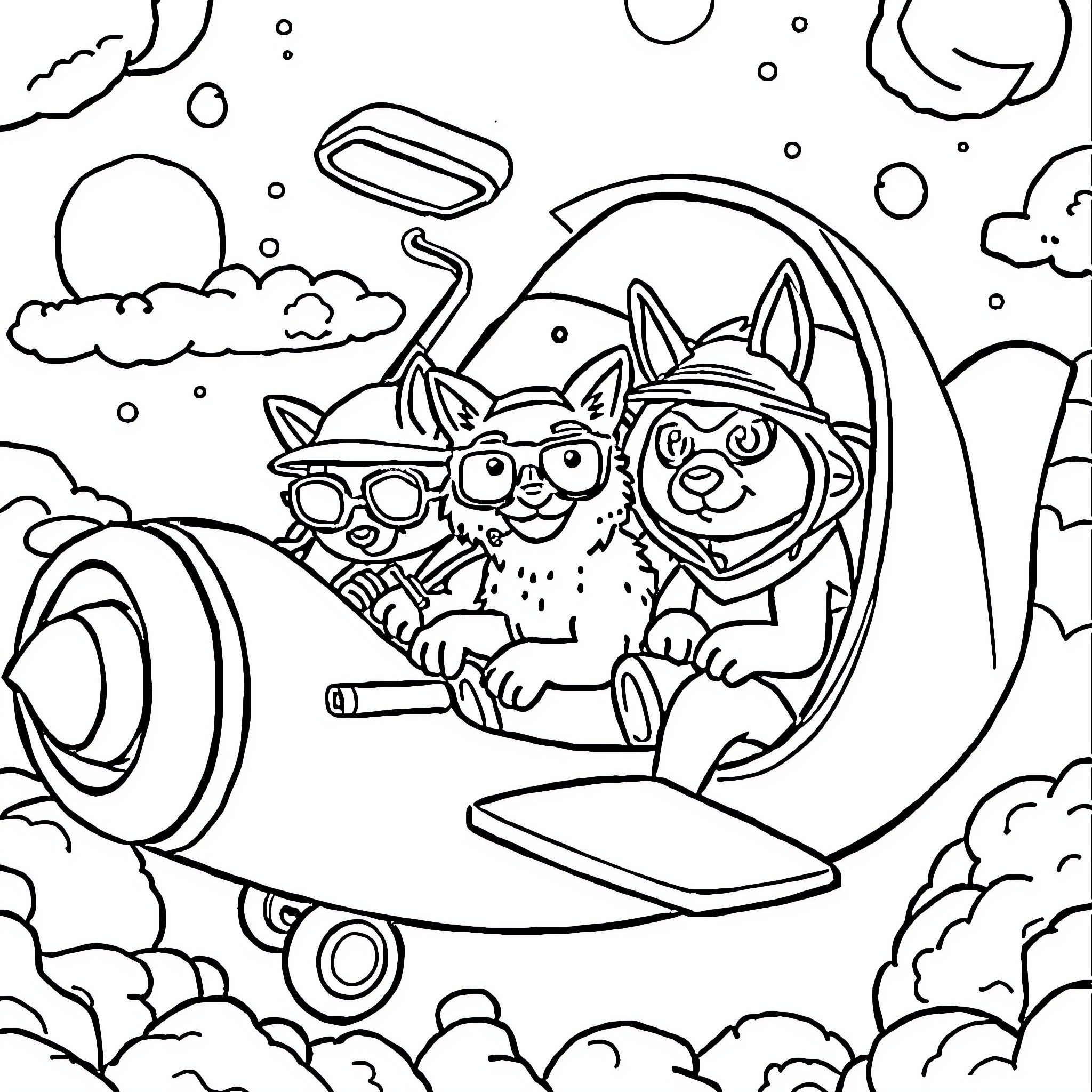 Animal Detective Solves Mystery in Futuristic Hover Car Coloring Page (free black-and-white line drawing printable PDF for all, from beginners to advanced learners, including children, teens, adults, and seniors)