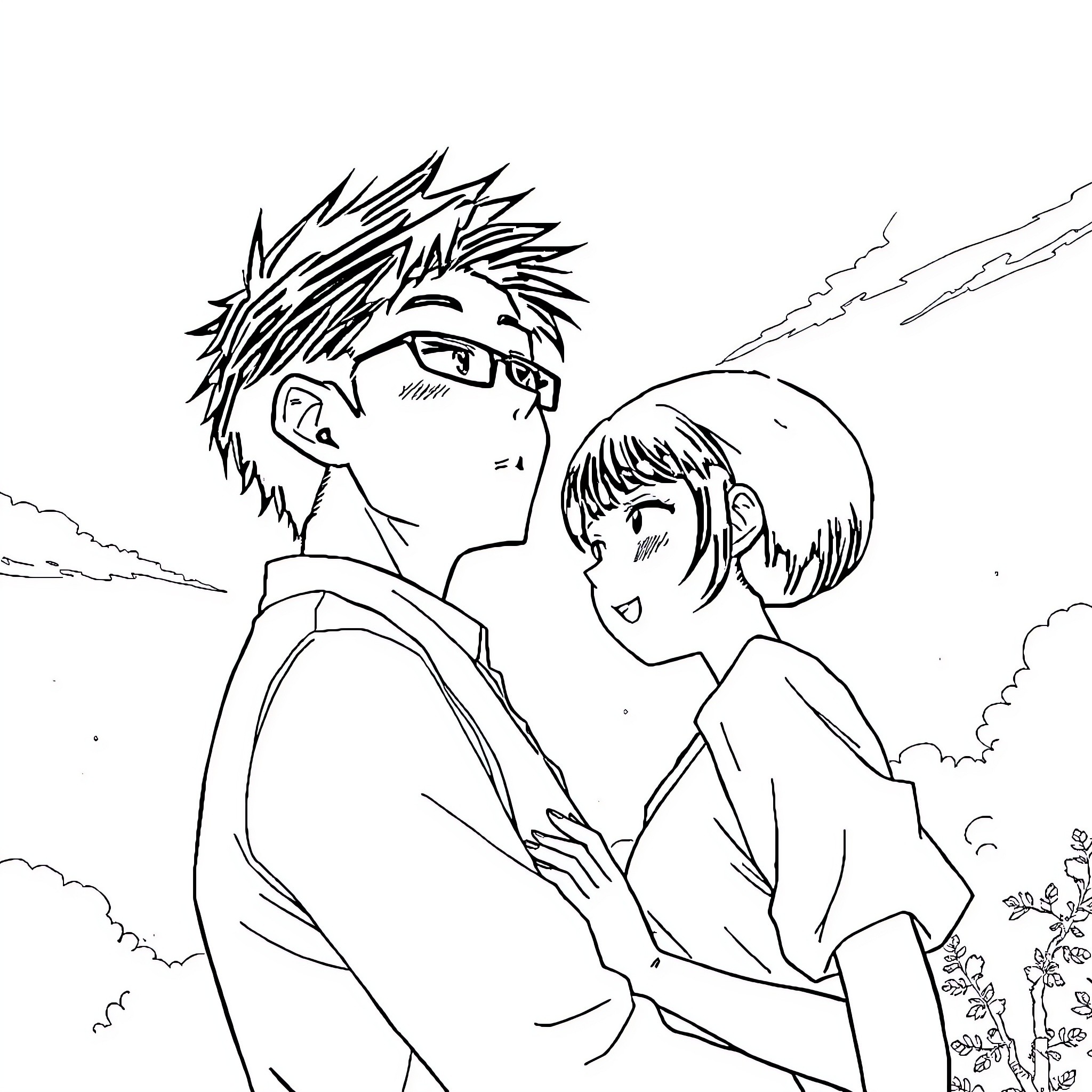 Satoru Gojo and Yuki Tsukumo in a warm embrace Coloring Page (free black-and-white line drawing printable PDF for all, from beginners to advanced learners, including children, teens, adults, and seniors)