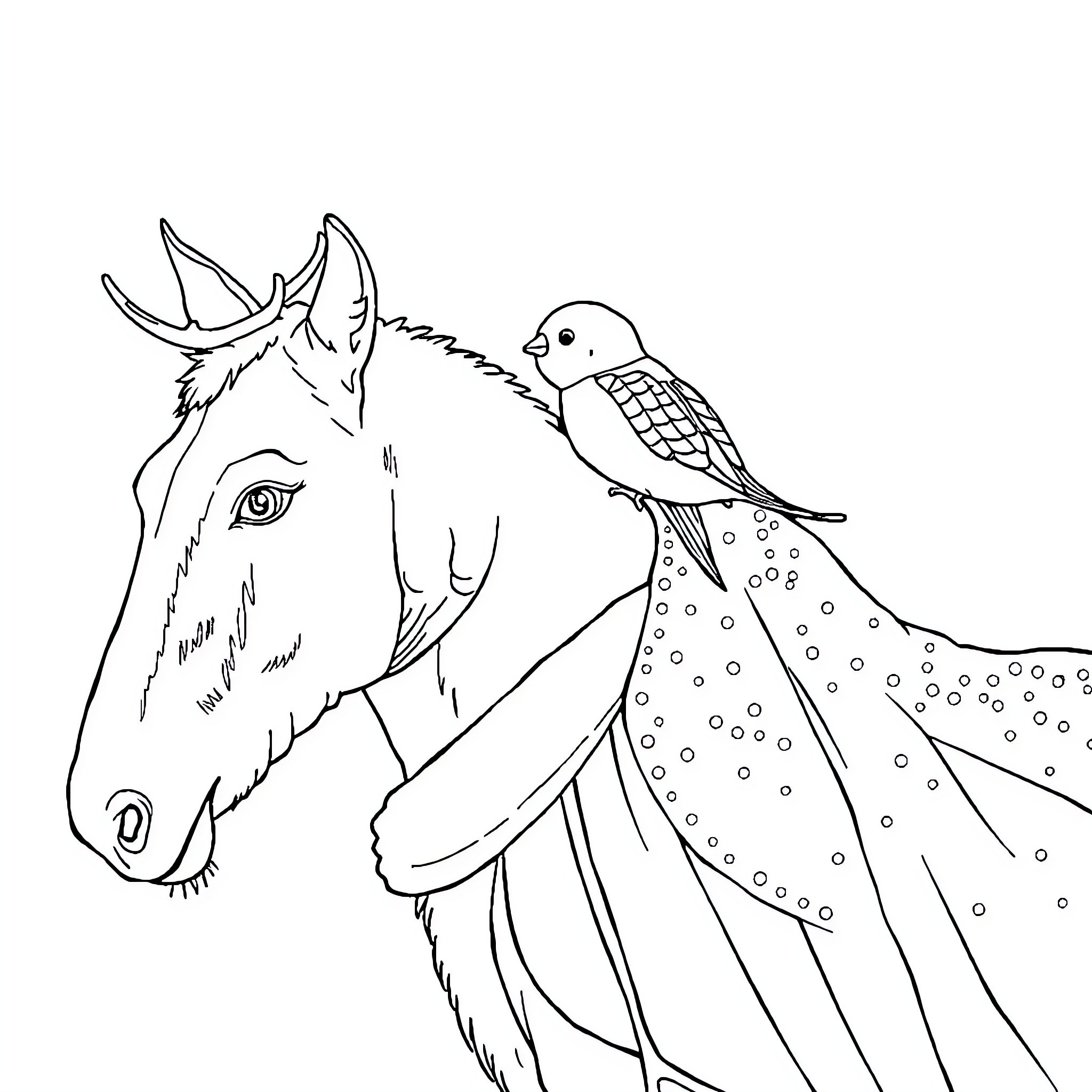 Babouche's Whimsical Encounter with a Feathered Friend Coloring Page (free black-and-white line drawing printable PDF for all, from beginners to advanced learners, including children, teens, adults, and seniors)