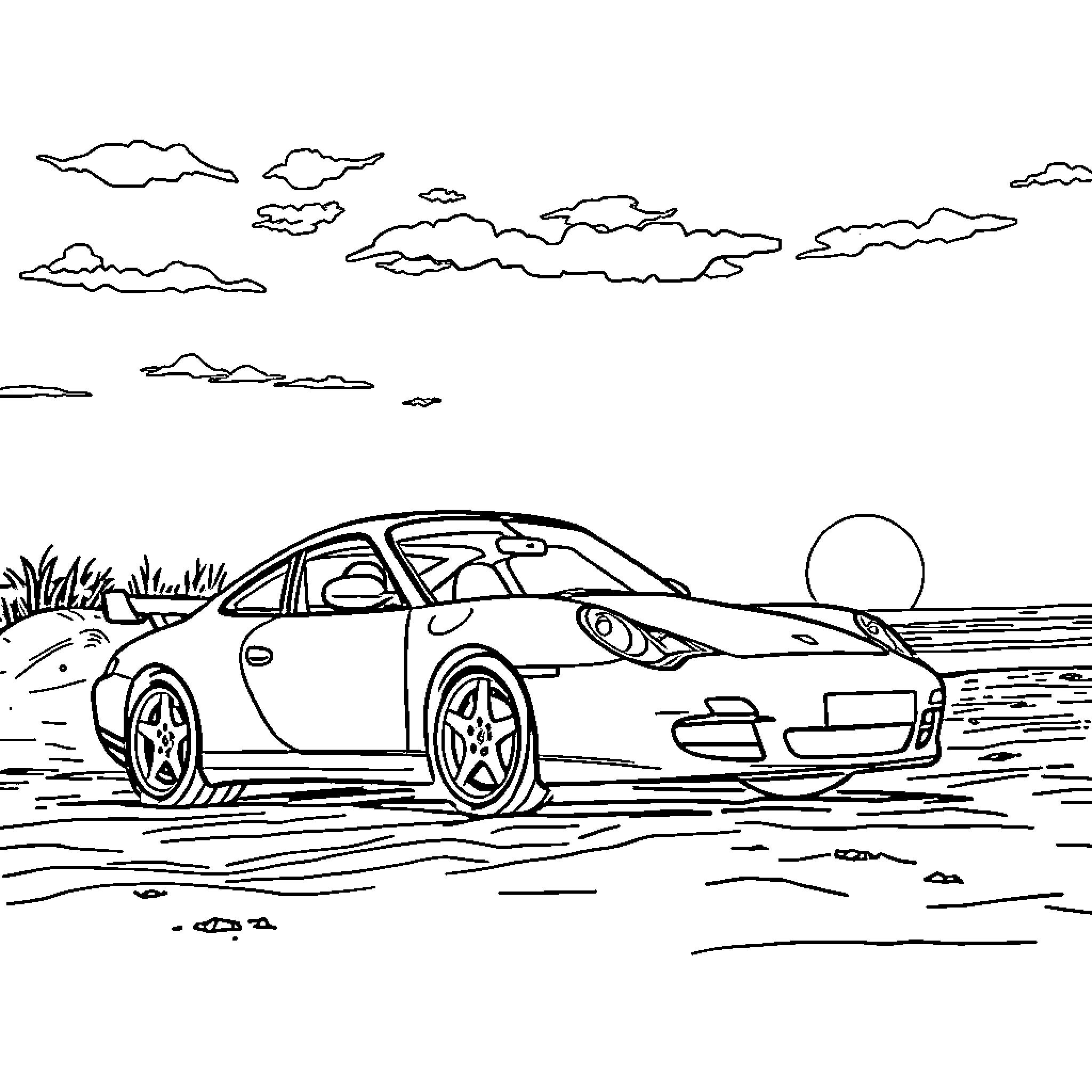 Porsche sports car driving on a rural road Coloring Page (free black-and-white line drawing printable PDF for all, from beginners to advanced learners, including children, teens, adults, and seniors)