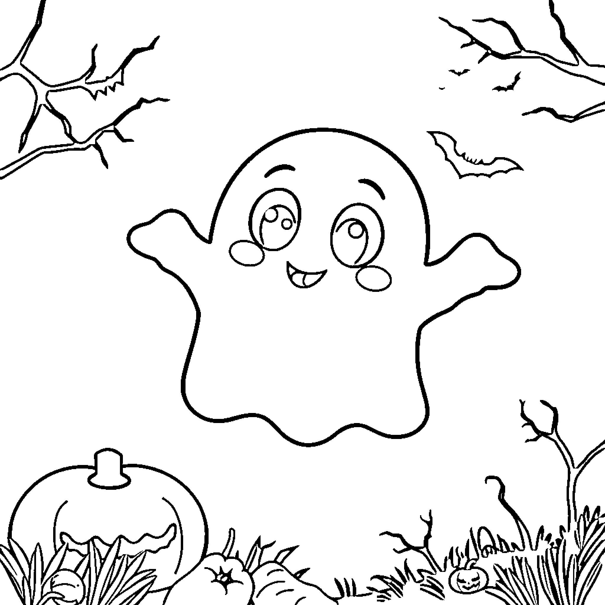 Ghost enjoying a spooky Halloween scene Coloring Page (free black-and-white line drawing printable PDF for all, from beginners to advanced learners, including children, teens, adults, and seniors)