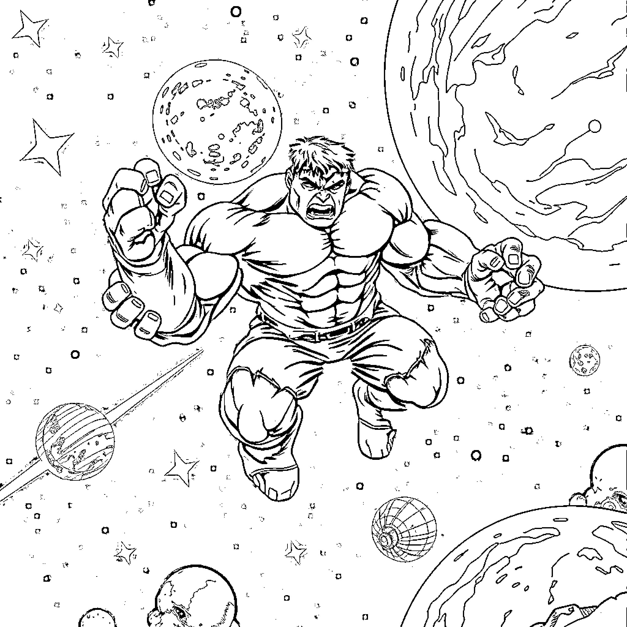 Hulk soaring through the cosmic universe Coloring Page (free black-and-white line drawing printable PDF for all, from beginners to advanced learners, including children, teens, adults, and seniors)