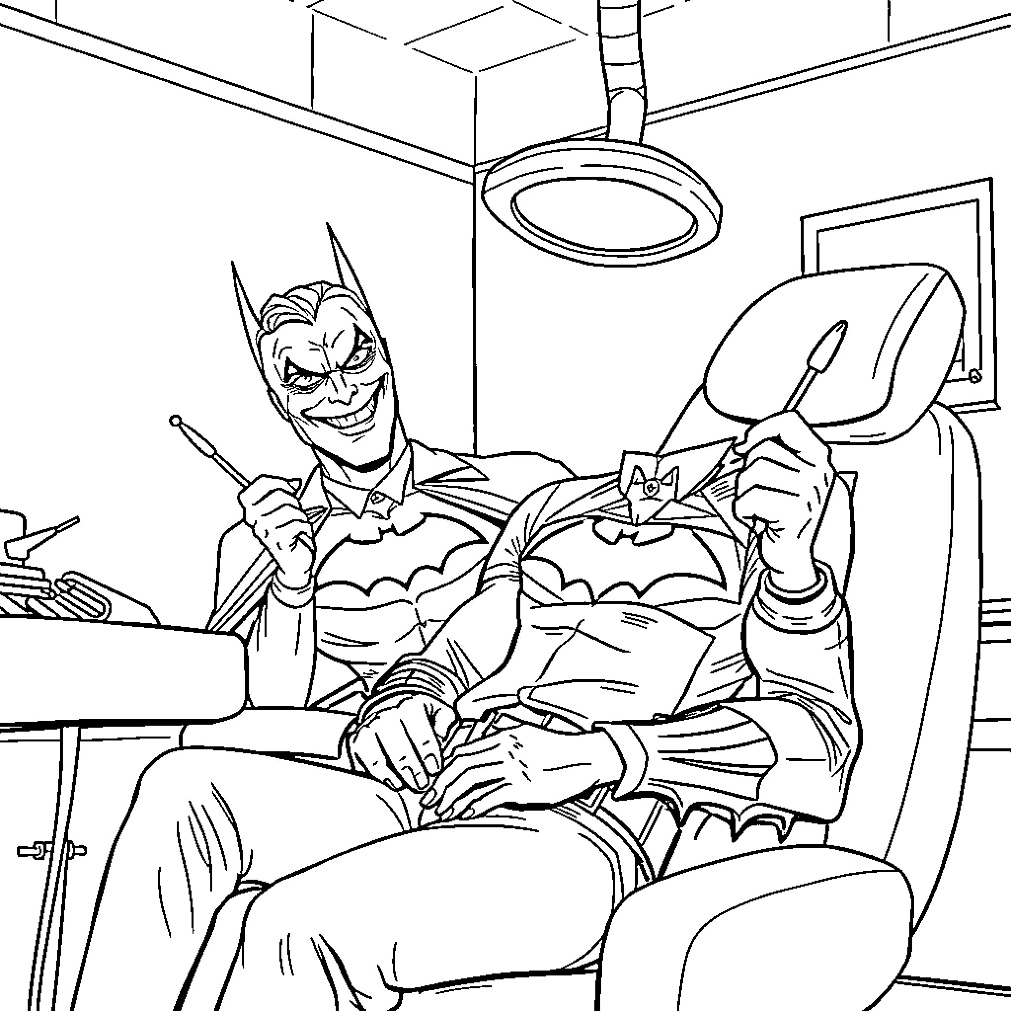 Batman working diligently in his lair Coloring Page (free black-and-white line drawing printable PDF for all, from beginners to advanced learners, including children, teens, adults, and seniors)