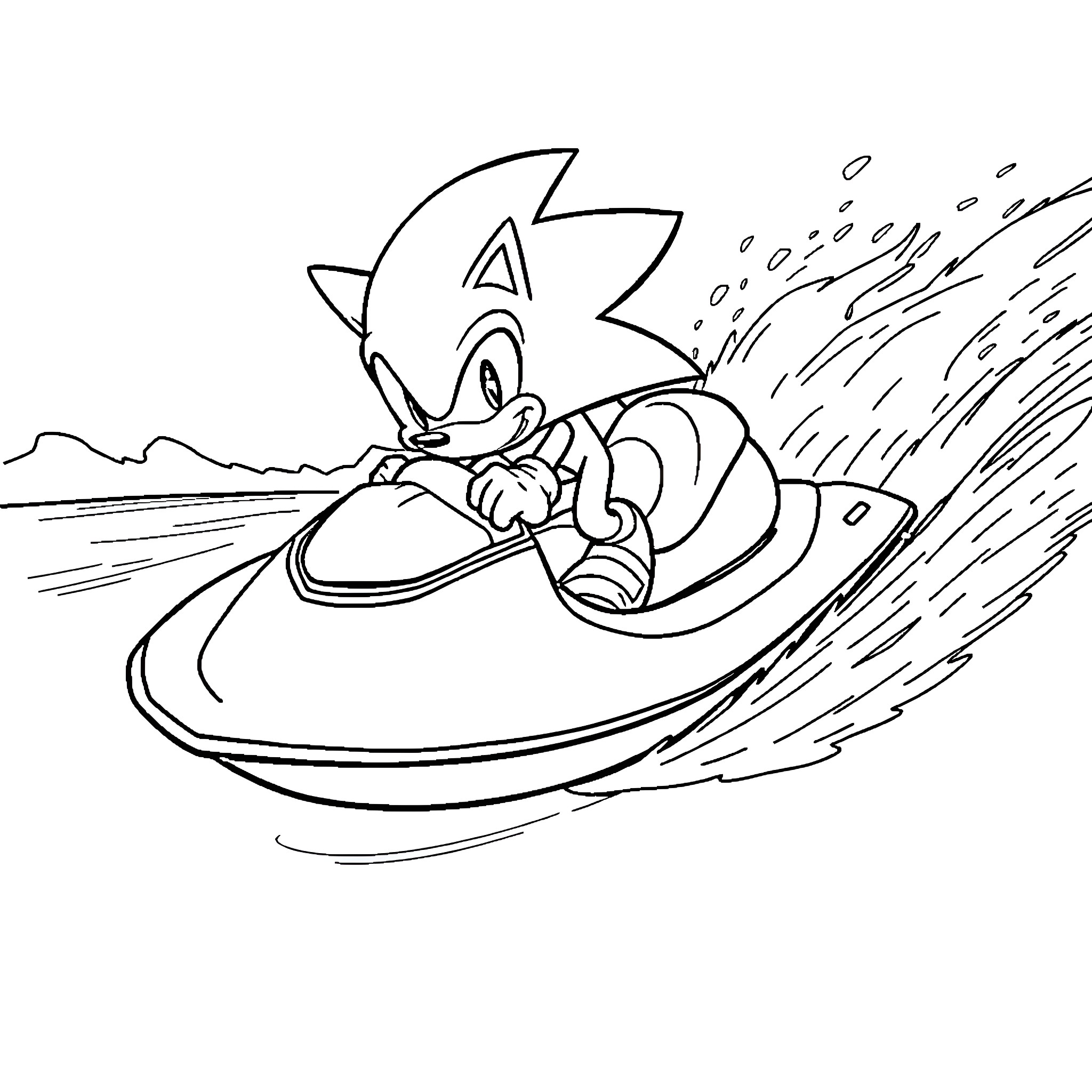 Sonic speedily riding a water vehicle Coloring Page (free black-and-white line drawing printable PDF for all, from beginners to advanced learners, including children, teens, adults, and seniors)