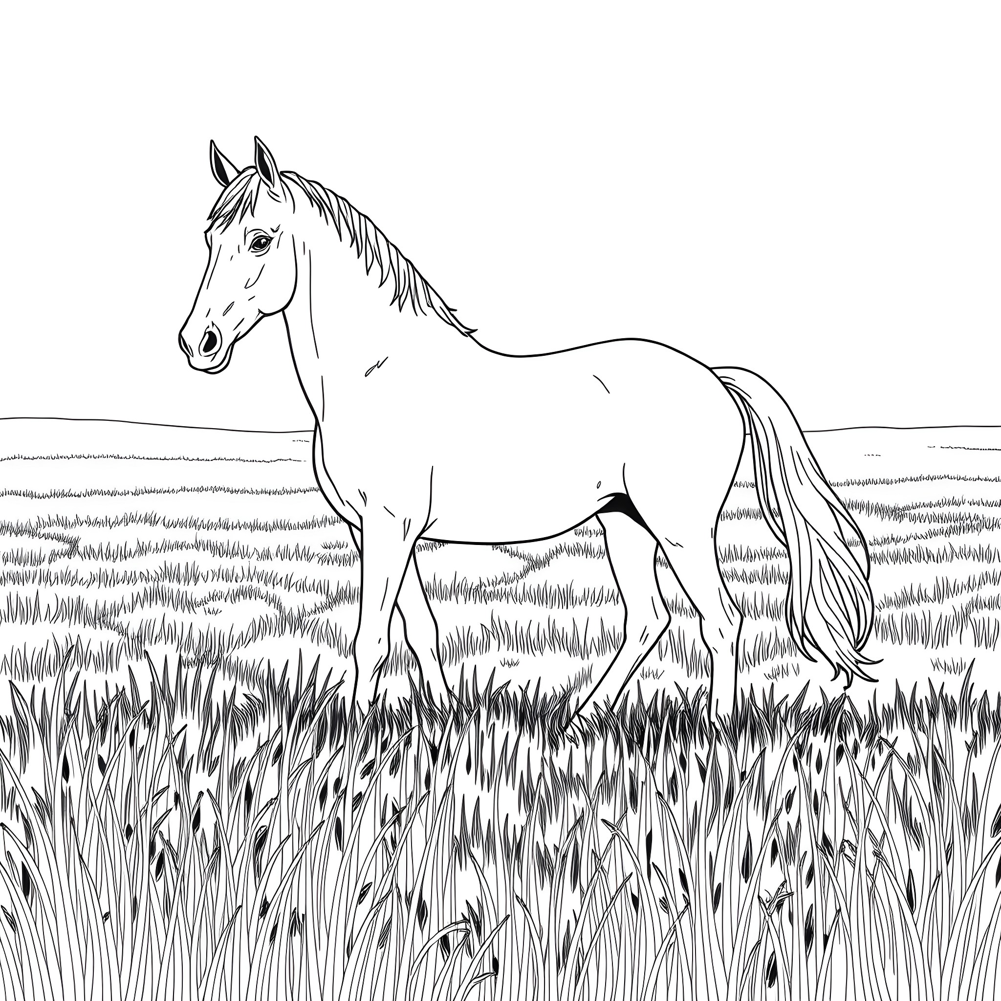 Horse in a Grassy Field Coloring Page (free black-and-white line drawing printable PDF for all, from beginners to advanced learners, including children, teens, adults, and seniors)