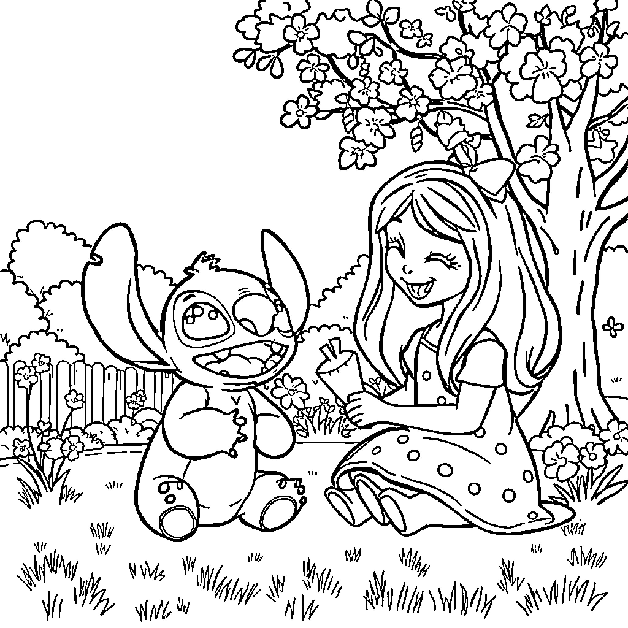 Stitch with a young girl in a flowery garden Coloring Page (free black-and-white line drawing printable PDF for all, from beginners to advanced learners, including children, teens, adults, and seniors)