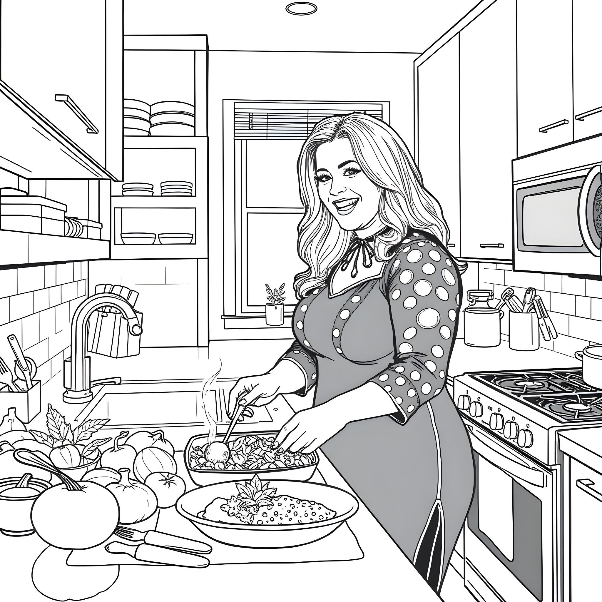 Kelly Clarkson Cooking Happily in the Kitchen Coloring Page (free black-and-white line drawing printable PDF for all, from beginners to advanced learners, including children, teens, adults, and seniors)