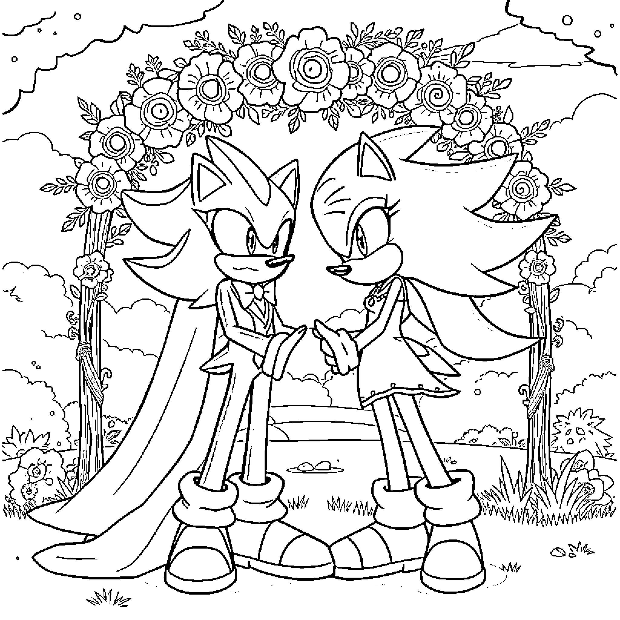 Shadow Sonic and Shadow in Floral Meadow Coloring Page (free black-and-white line drawing printable PDF for all, from beginners to advanced learners, including children, teens, adults, and seniors)