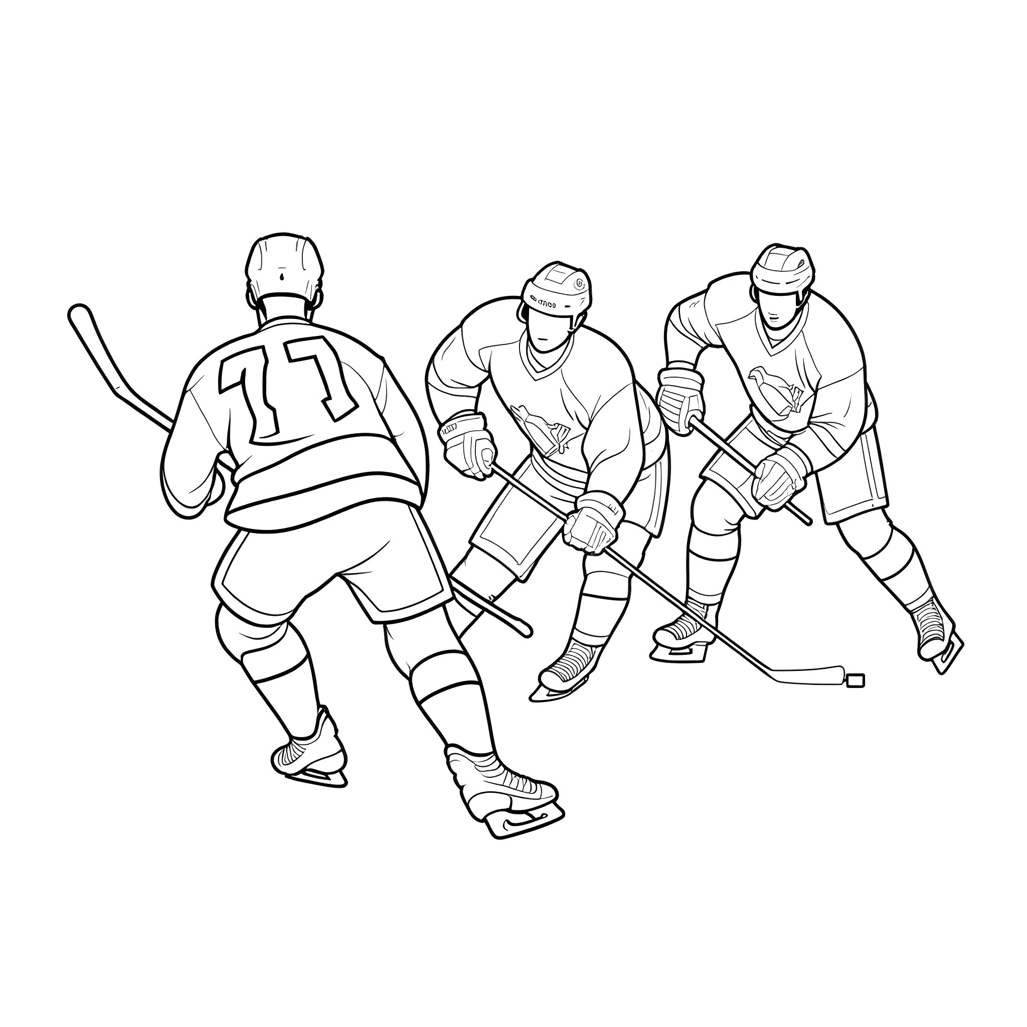 Penguin hockey players in action Coloring Page (free black-and-white line drawing printable PDF for all, from beginners to advanced learners, including children, teens, adults, and seniors)