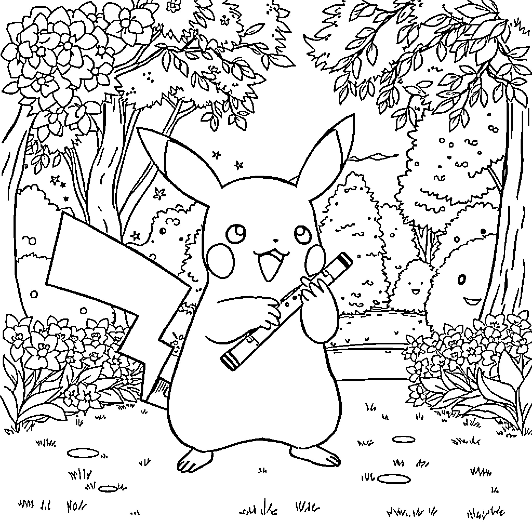 Pikachu exploring a colorful floral garden Coloring Page (free black-and-white line drawing printable PDF for all, from beginners to advanced learners, including children, teens, adults, and seniors)