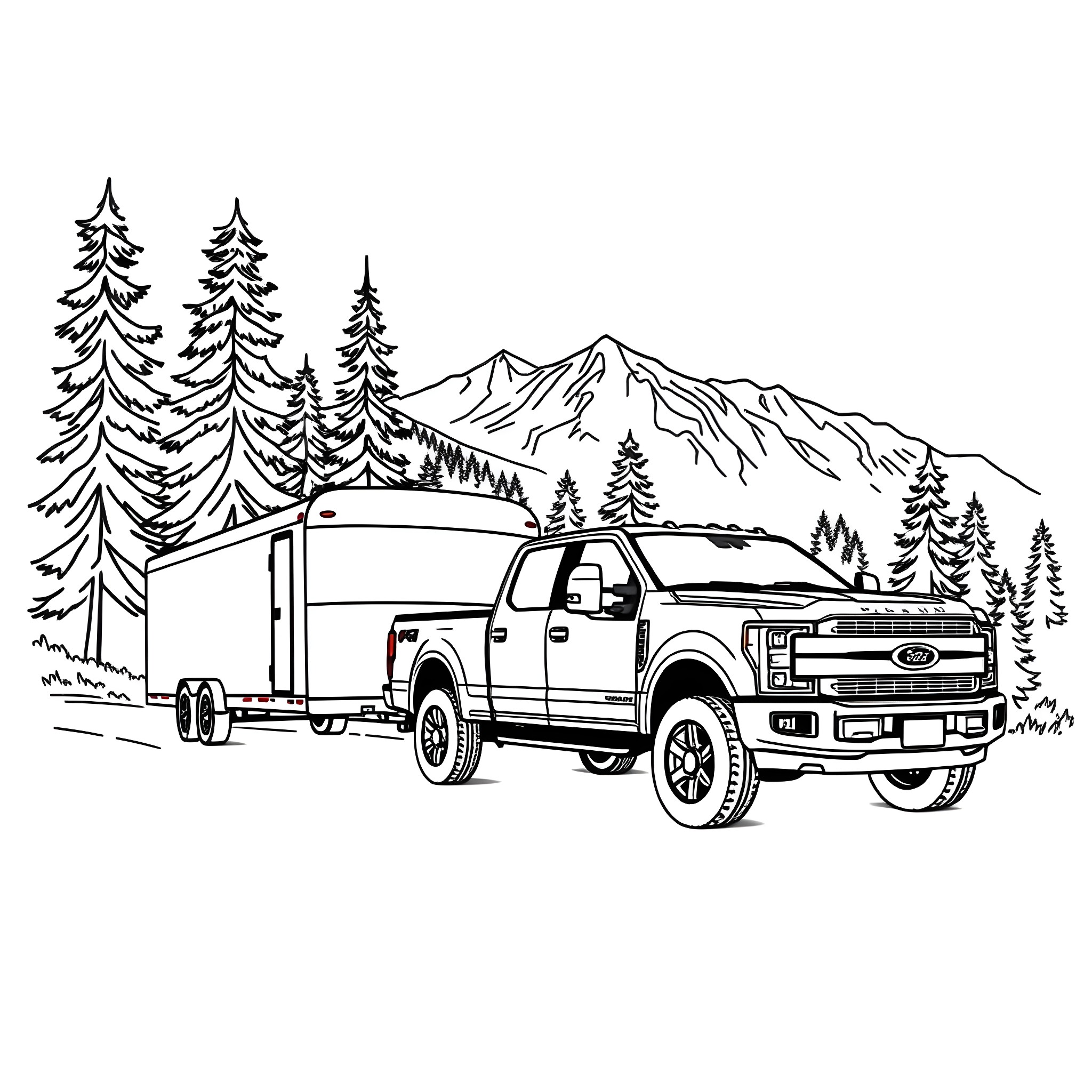 Pickup hauling a trailer through snowy mountain landscape Coloring Page (free black-and-white line drawing printable PDF for all, from beginners to advanced learners, including children, teens, adults, and seniors)