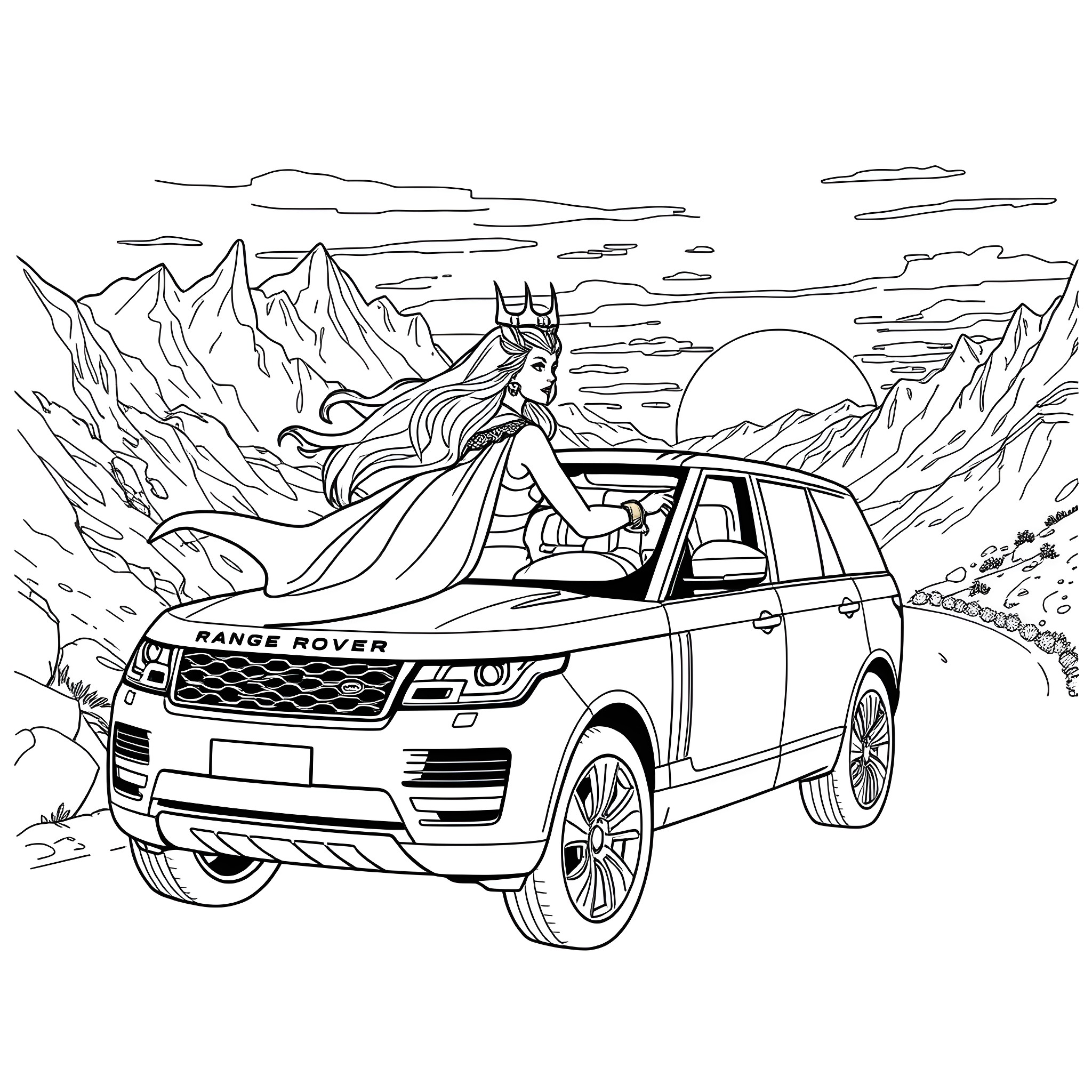 She-Ra driving a Range Rover through a snowy mountain landscape Coloring Page (free black-and-white line drawing printable PDF for all, from beginners to advanced learners, including children, teens, adults, and seniors)