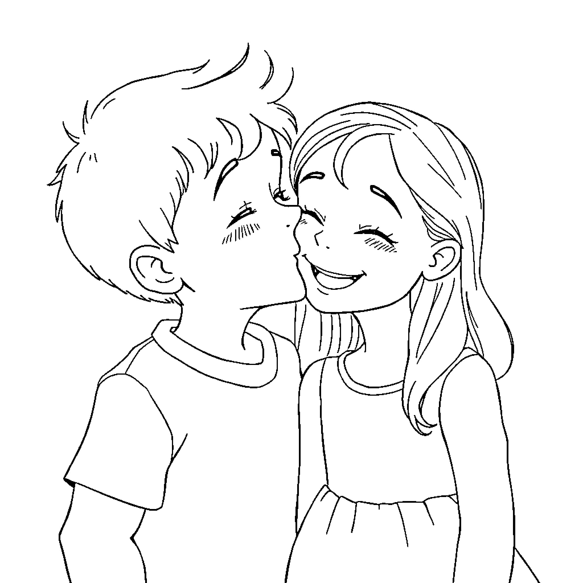 Boy and Girl Sharing a Tender Moment Coloring Page (free black-and-white line drawing printable PDF for all, from beginners to advanced learners, including children, teens, adults, and seniors)