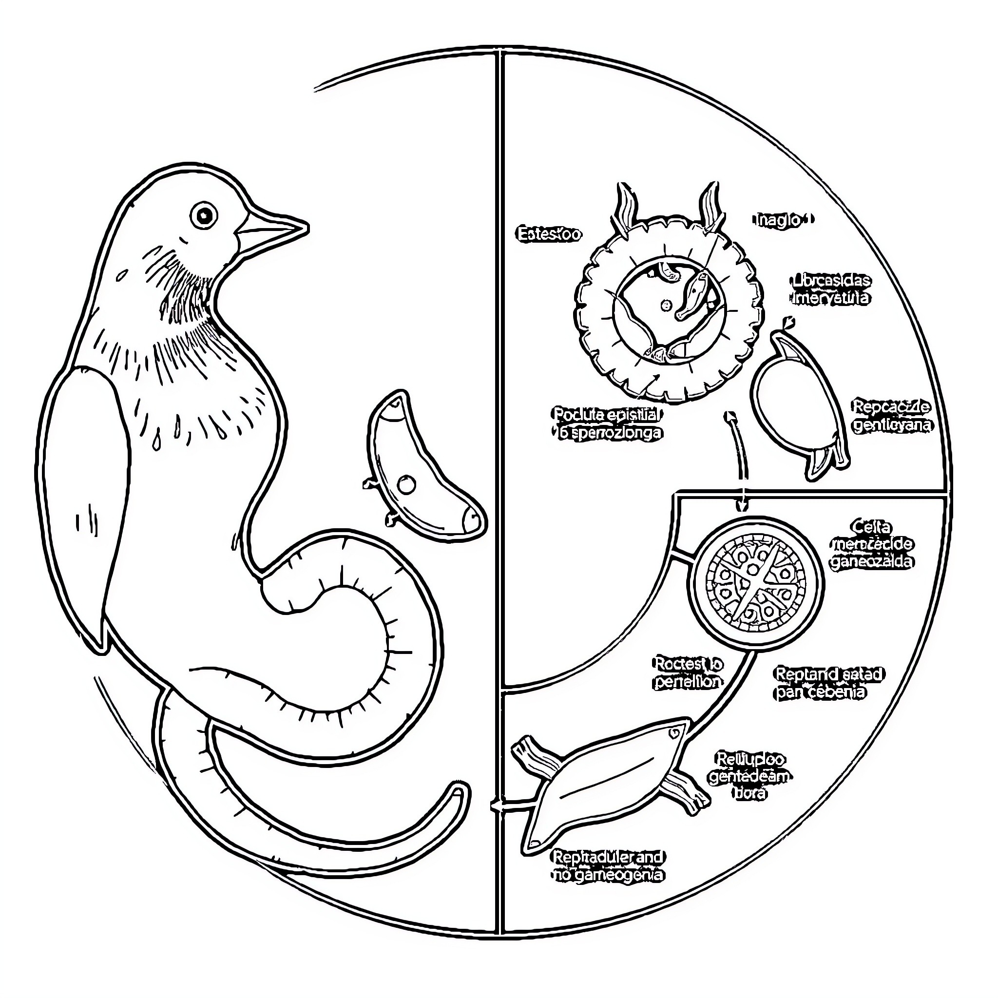 Eimeria Protozoan Life Cycle and Anatomy Coloring Page (free black-and-white line drawing printable PDF for all, from beginners to advanced learners, including children, teens, adults, and seniors)