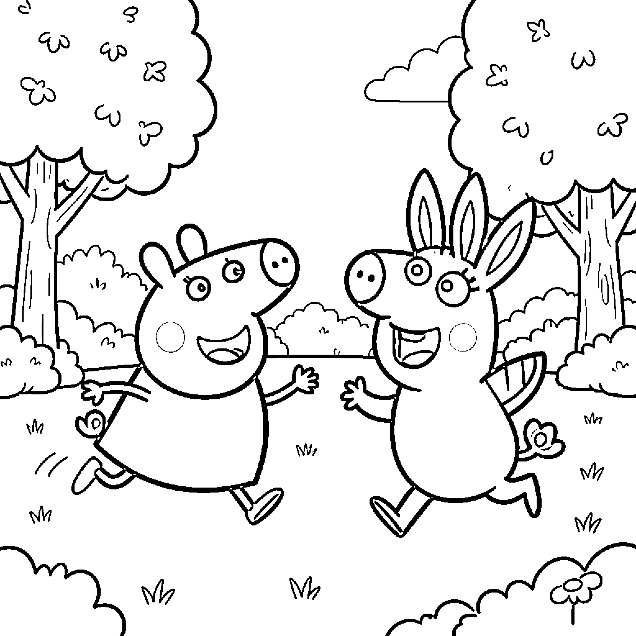 Peppa Pig and friend running happily outdoors Coloring Page (free black-and-white line drawing printable PDF for all, from beginners to advanced learners, including children, teens, adults, and seniors)
