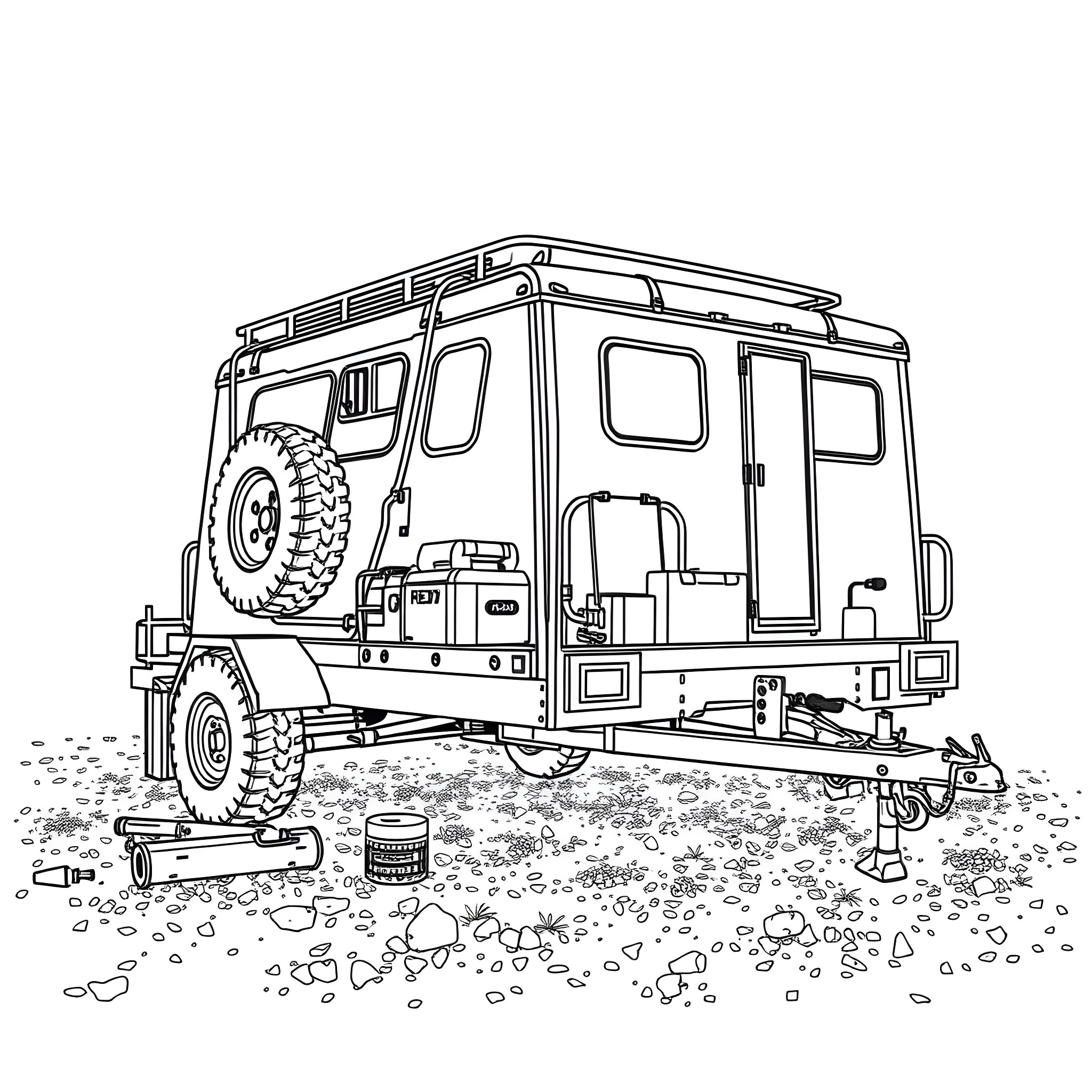Car Trailer with Camping Equipment on Grassy Terrain Coloring Page (free black-and-white line drawing printable PDF for all, from beginners to advanced learners, including children, teens, adults, and seniors)