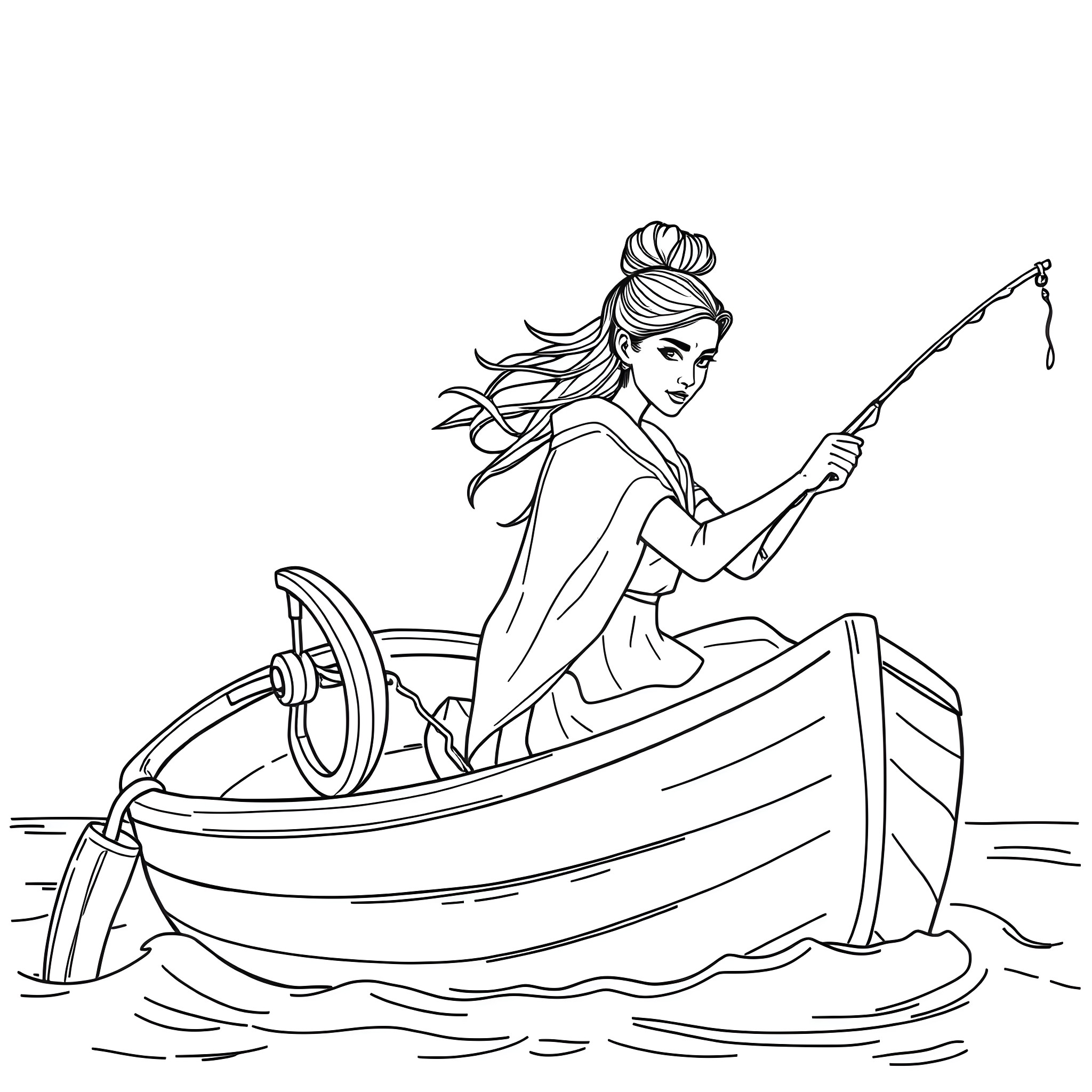 Fisher woman rowing a boat on the water Coloring Page (free black-and-white line drawing printable PDF for all, from beginners to advanced learners, including children, teens, adults, and seniors)