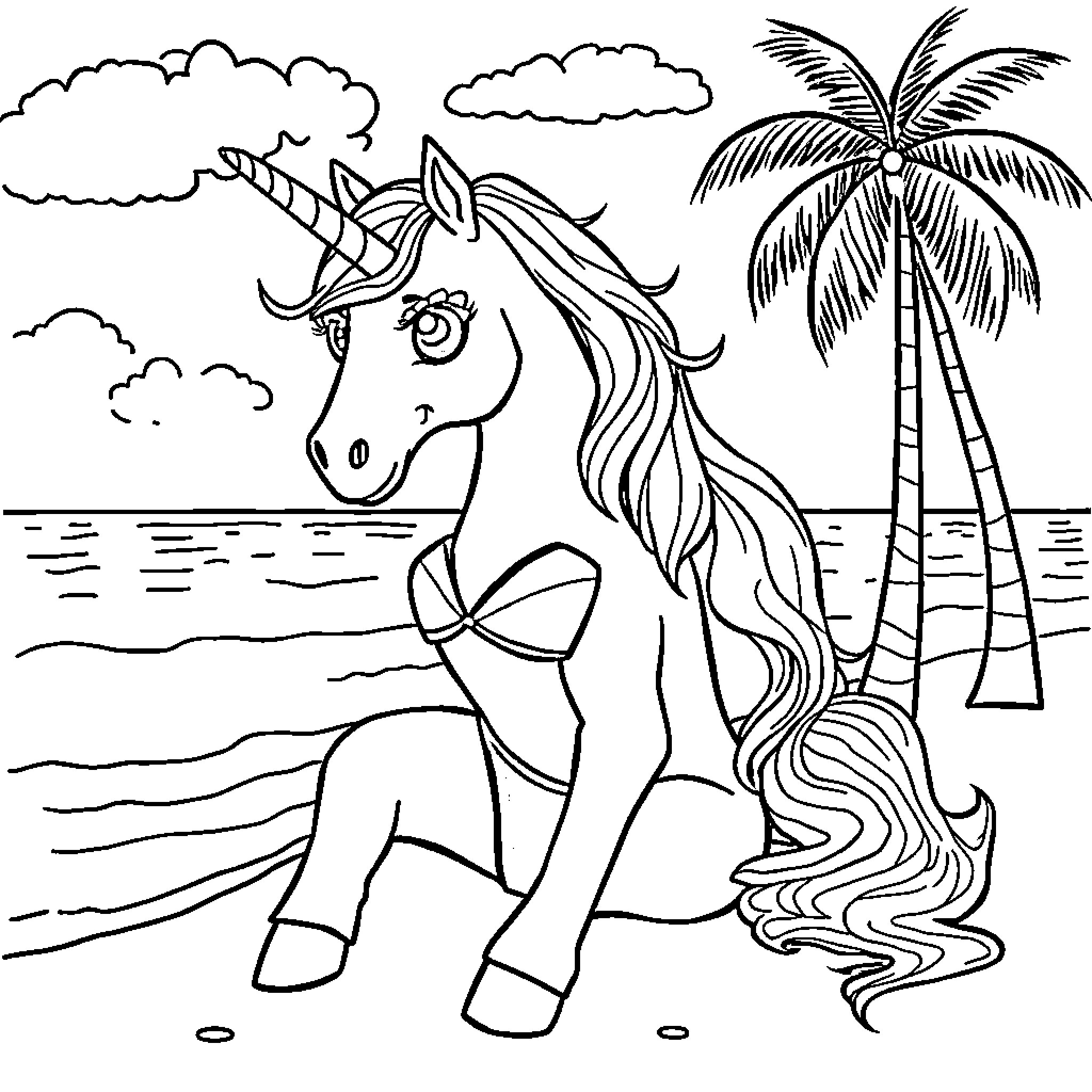 Unicorn relaxing on a tropical beach Coloring Page (free black-and-white line drawing printable PDF for all, from beginners to advanced learners, including children, teens, adults, and seniors)