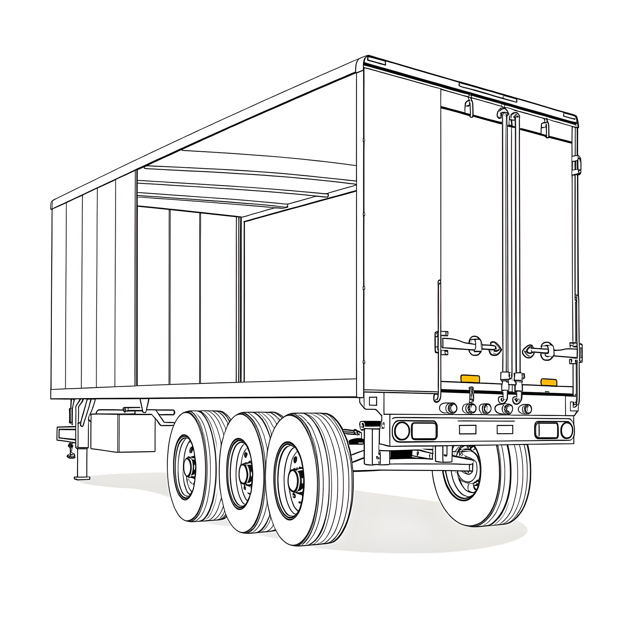 Gooseneck Trailer with Enclosed Cargo Box Coloring Page (free black-and-white line drawing printable PDF for all, from beginners to advanced learners, including children, teens, adults, and seniors)