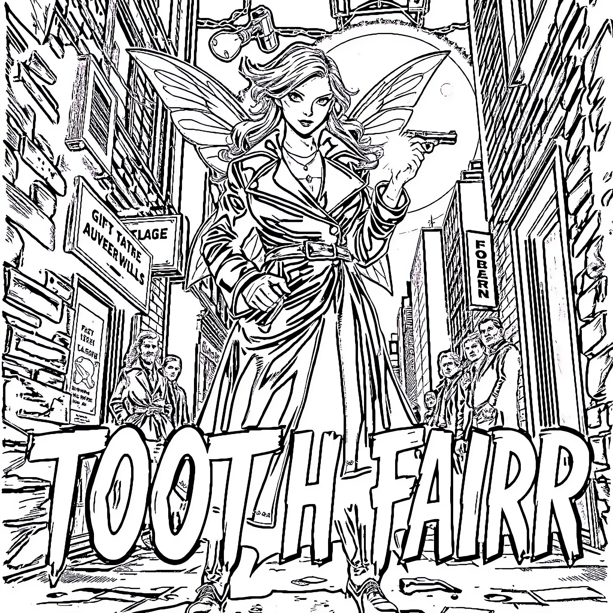 Tooth Fairy Intervenes in Gritty Urban Landscape Coloring Page (free black-and-white line drawing printable PDF for all, from beginners to advanced learners, including children, teens, adults, and seniors)
