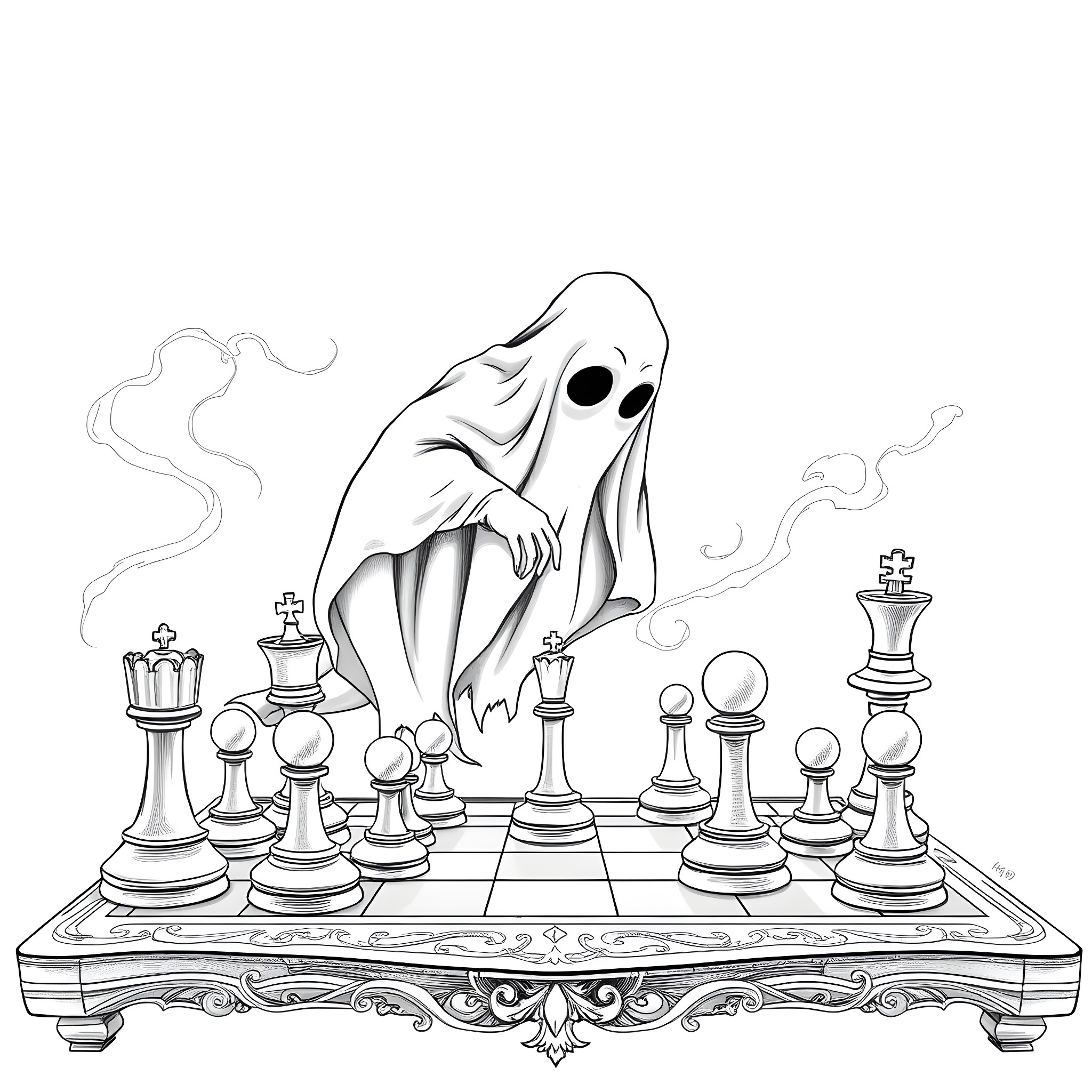 Ghost playing a Chess Game Coloring Page (free black-and-white line drawing printable PDF for all, from beginners to advanced learners, including children, teens, adults, and seniors)
