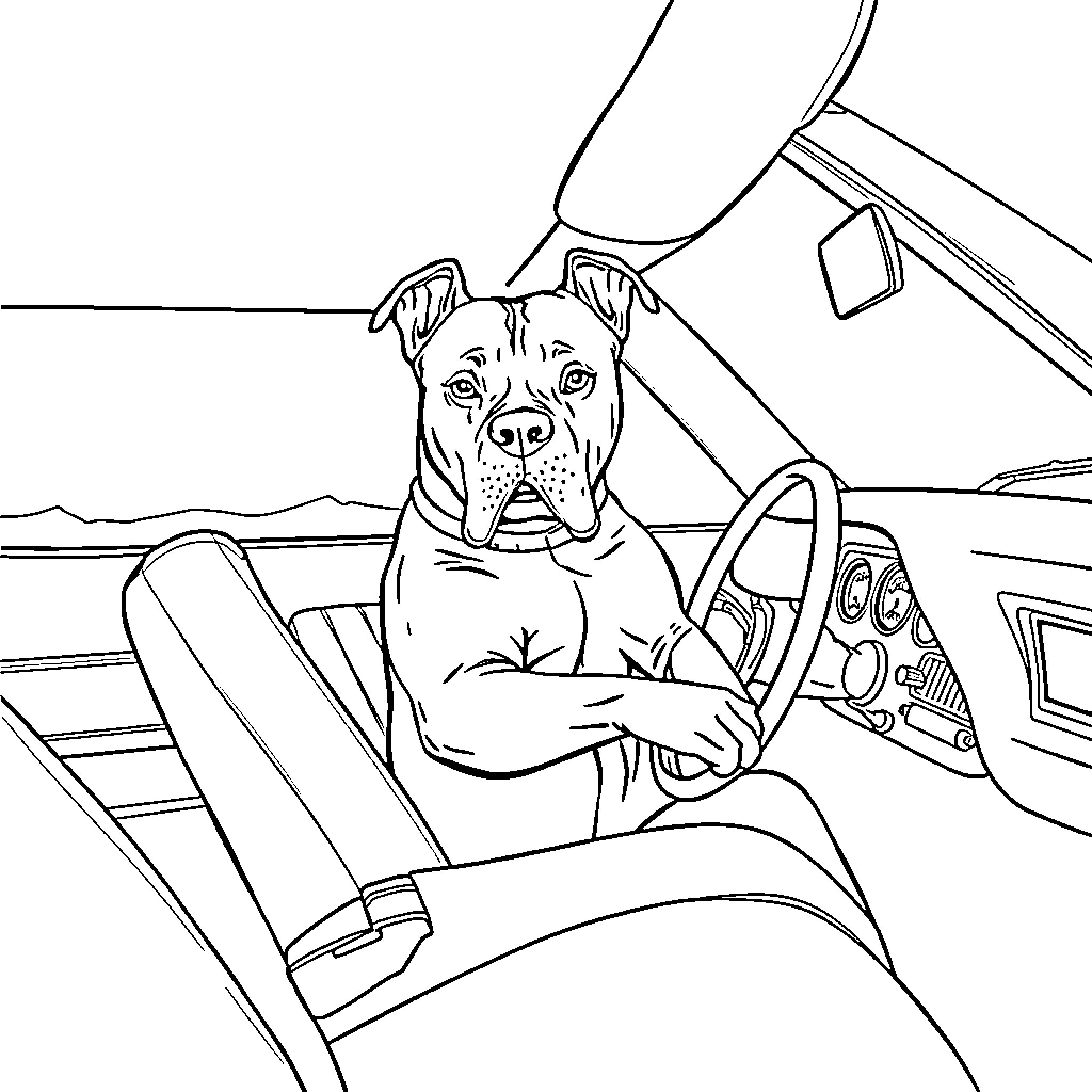 Pitbull Riding Happily in Car Coloring Page (free black-and-white line drawing printable PDF for all, from beginners to advanced learners, including children, teens, adults, and seniors)